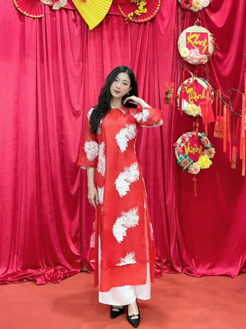 Embroidered silk Ao dai- Ao dai big size- Vietnamese traditional dress for women, female