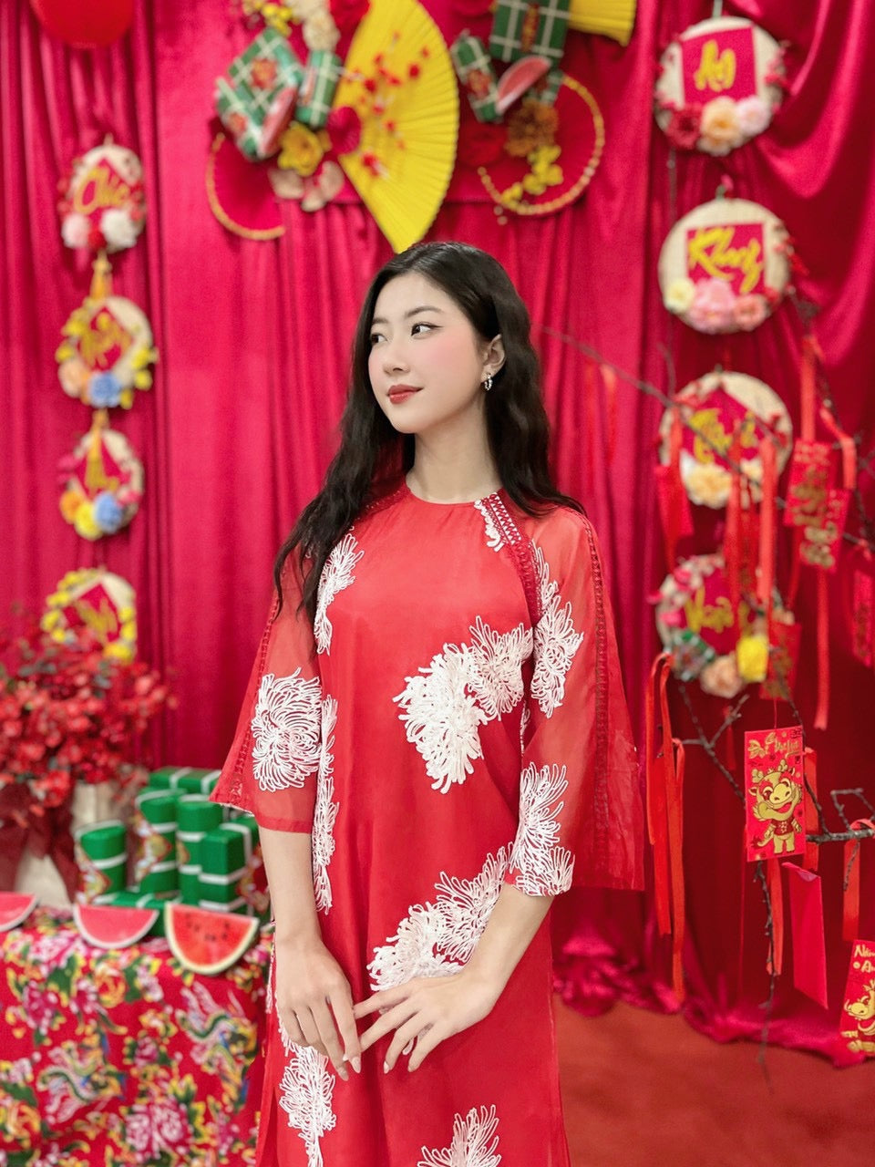 Embroidered silk Ao dai- Ao dai big size- Vietnamese traditional dress for women, female