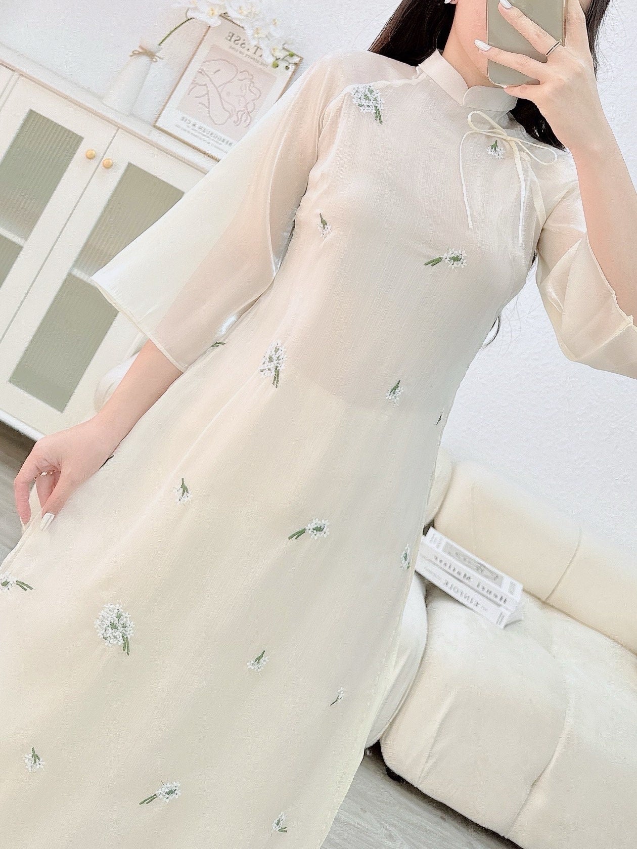 Vietnamese modern ao dai in white/ cream colour- Ao Dai loose fit, big sizes, over sizes