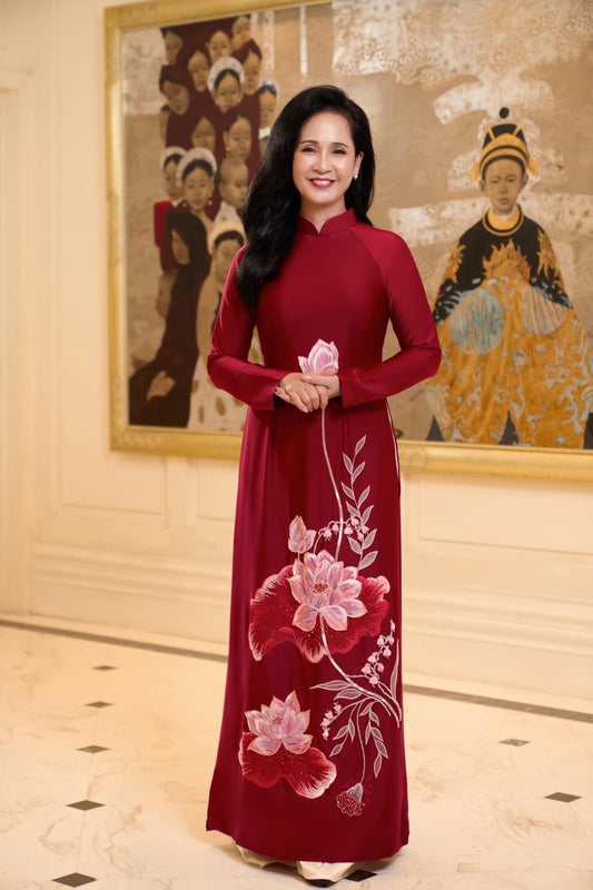 Vietnamese traditional ao dai with lotus embroidery - Ao Dai loose fit, big sizes, over sizes