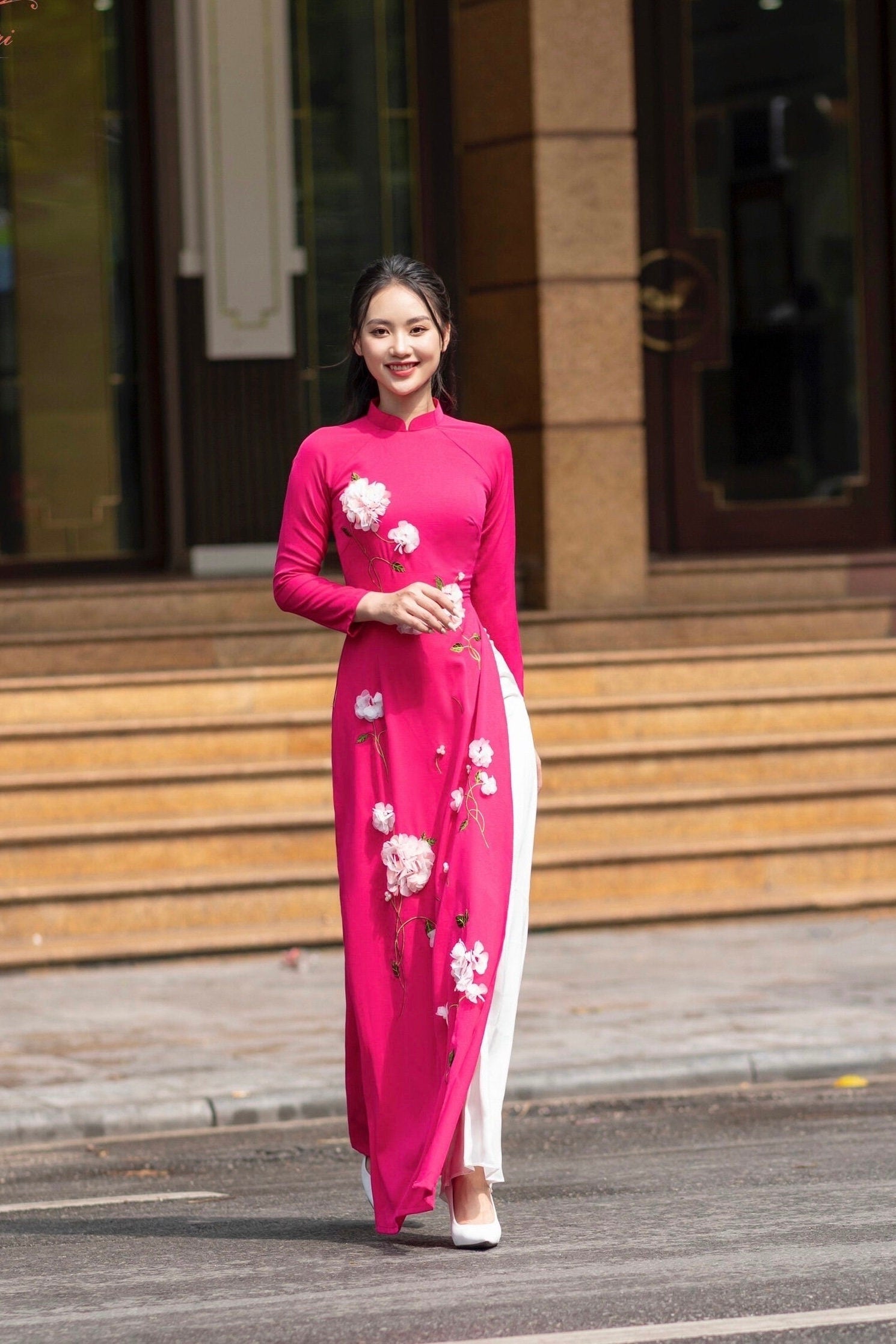 Silk Ao dai with 3D flowers- Ao dai truyen thong- Vietnamese traditional dress for women