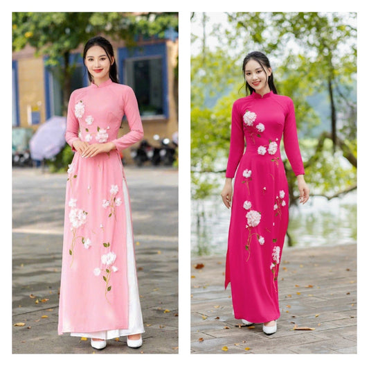 Silk Ao dai with 3D flowers- Ao dai truyen thong- Vietnamese traditional dress for women