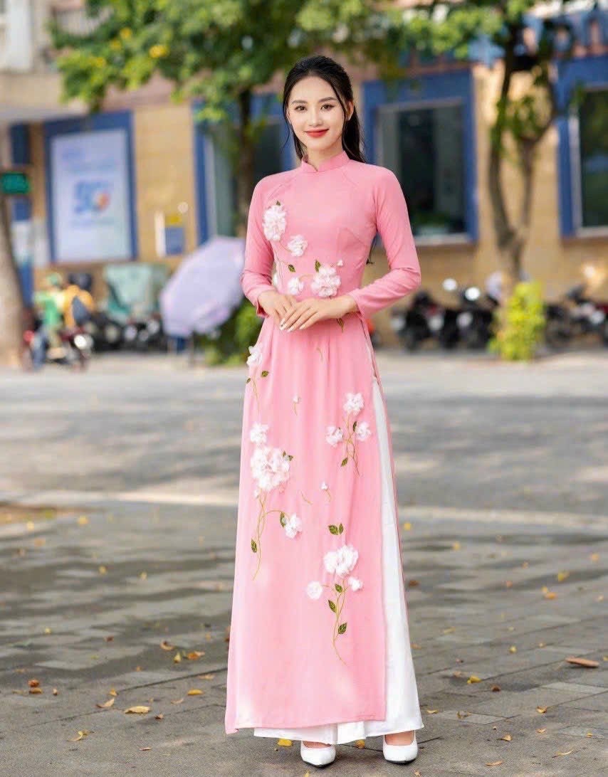 Silk Ao dai with 3D flowers- Ao dai truyen thong- Vietnamese traditional dress for women