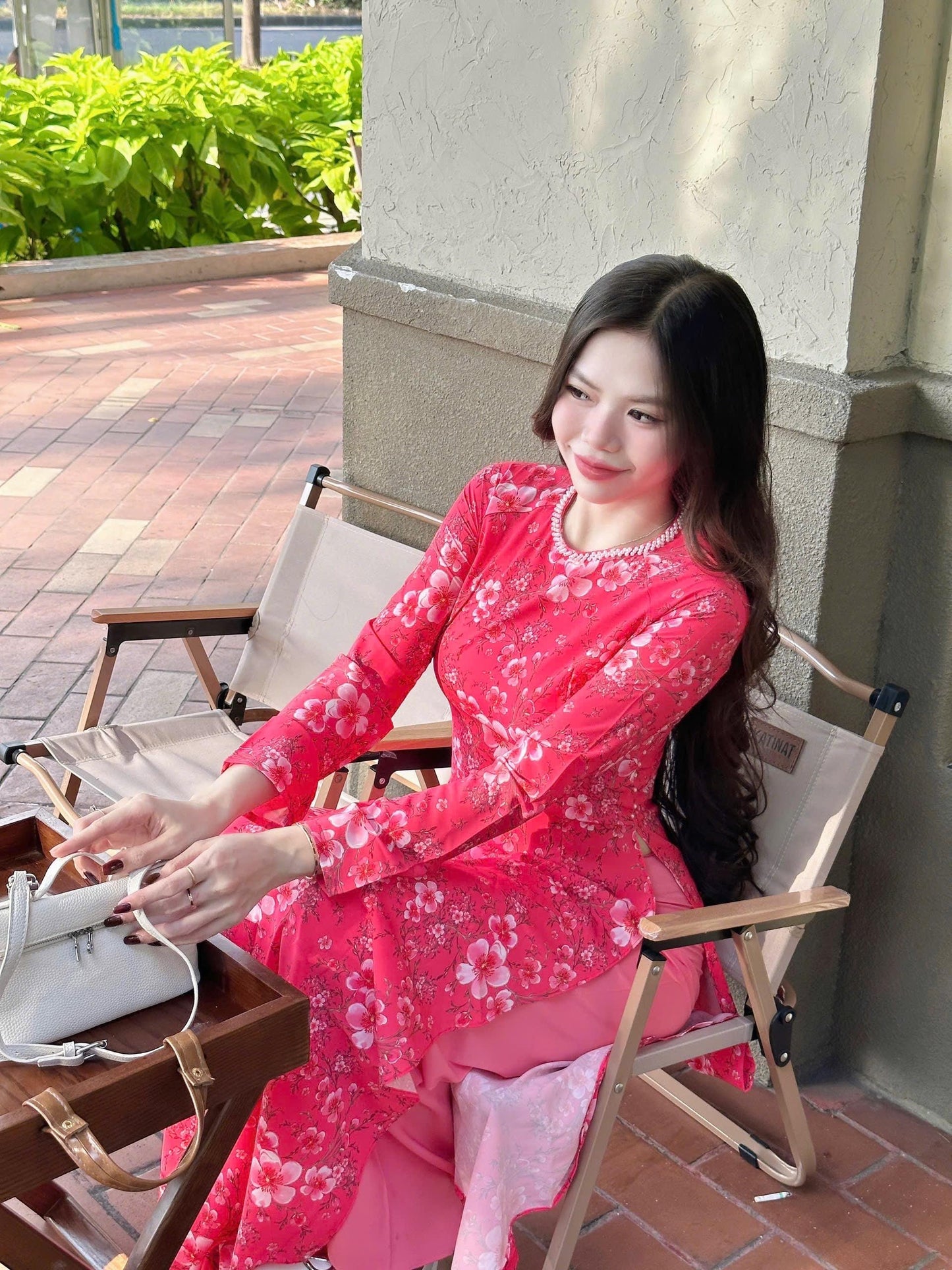 Vietnamese crepe de chine Ao dai with pearl neck