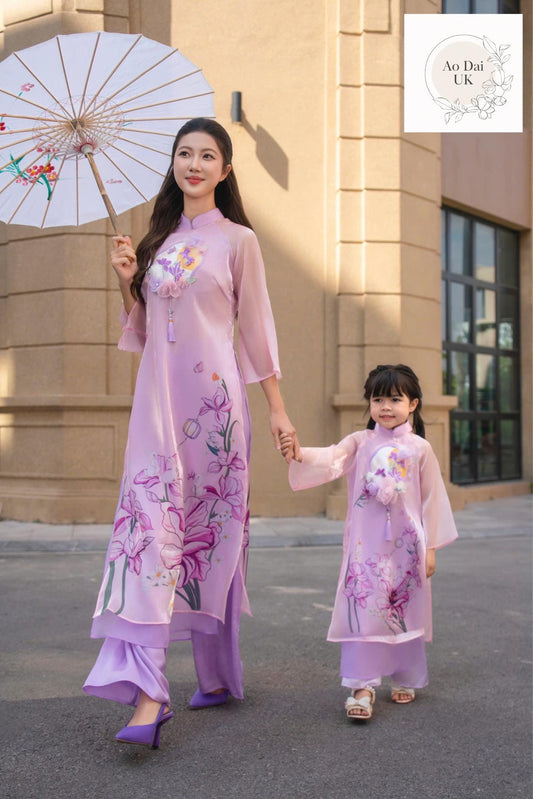 Women and kid matching ao dai- purple floral ao dai