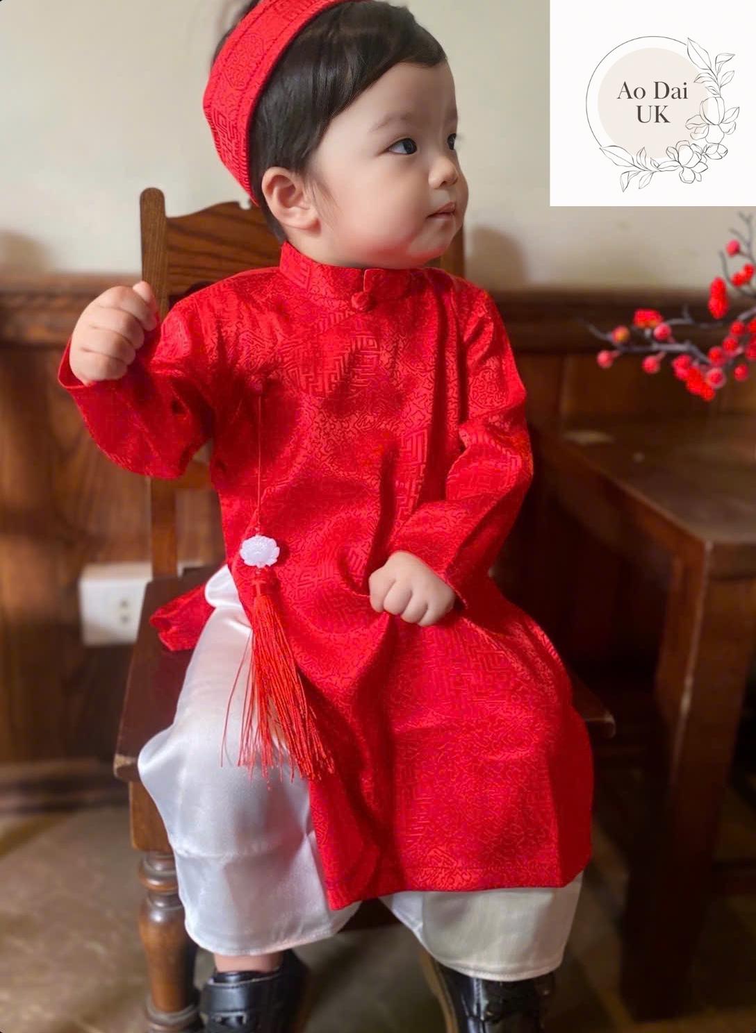 Silk ao dai and headband- Baby, infant, newborn ao dai for boys- baby first ao dai