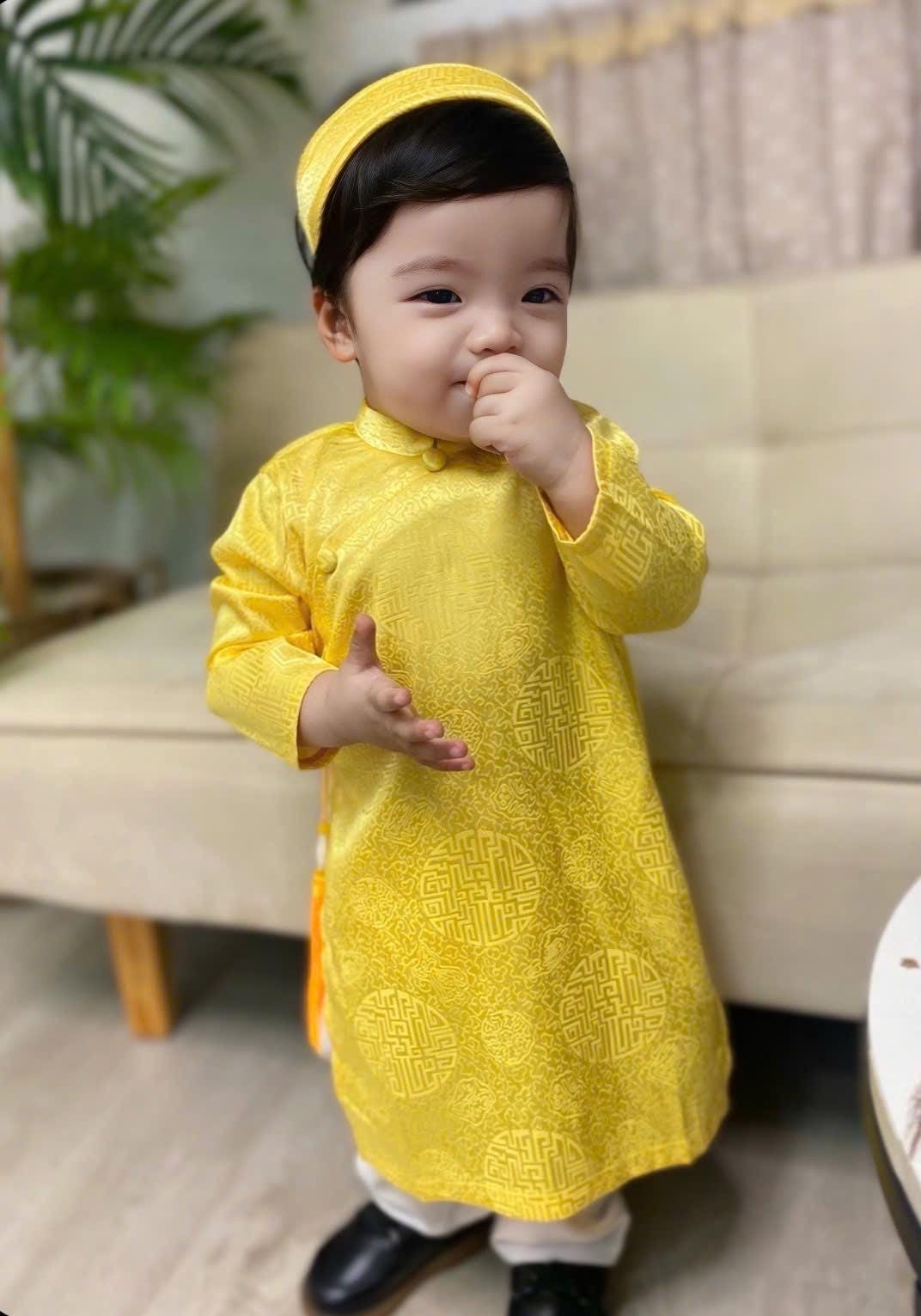 Silk ao dai and headband- Baby, infant, newborn ao dai for boys- baby first ao dai Yellow