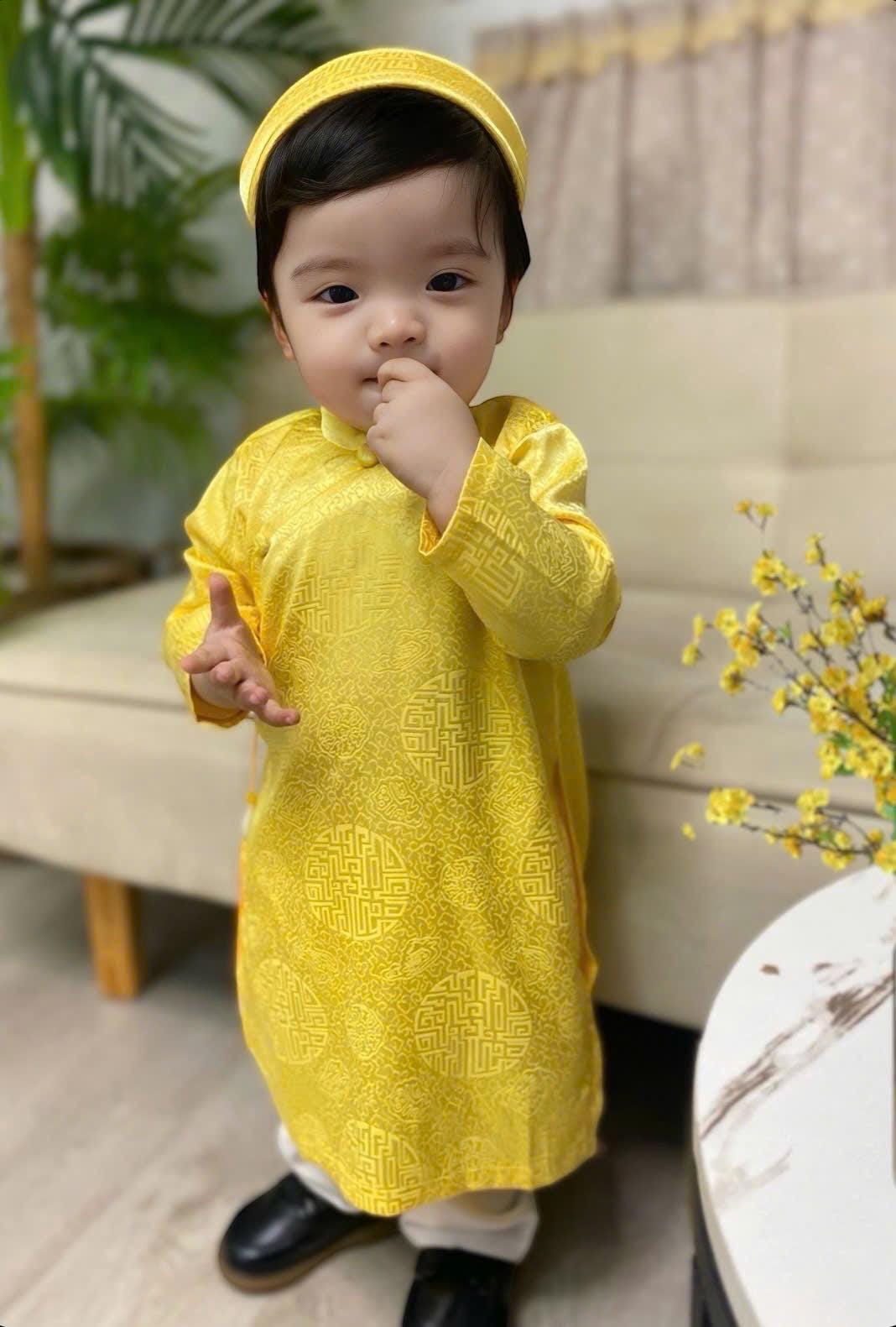 Silk ao dai and headband- Baby, infant, newborn ao dai for boys- baby first ao dai Yellow