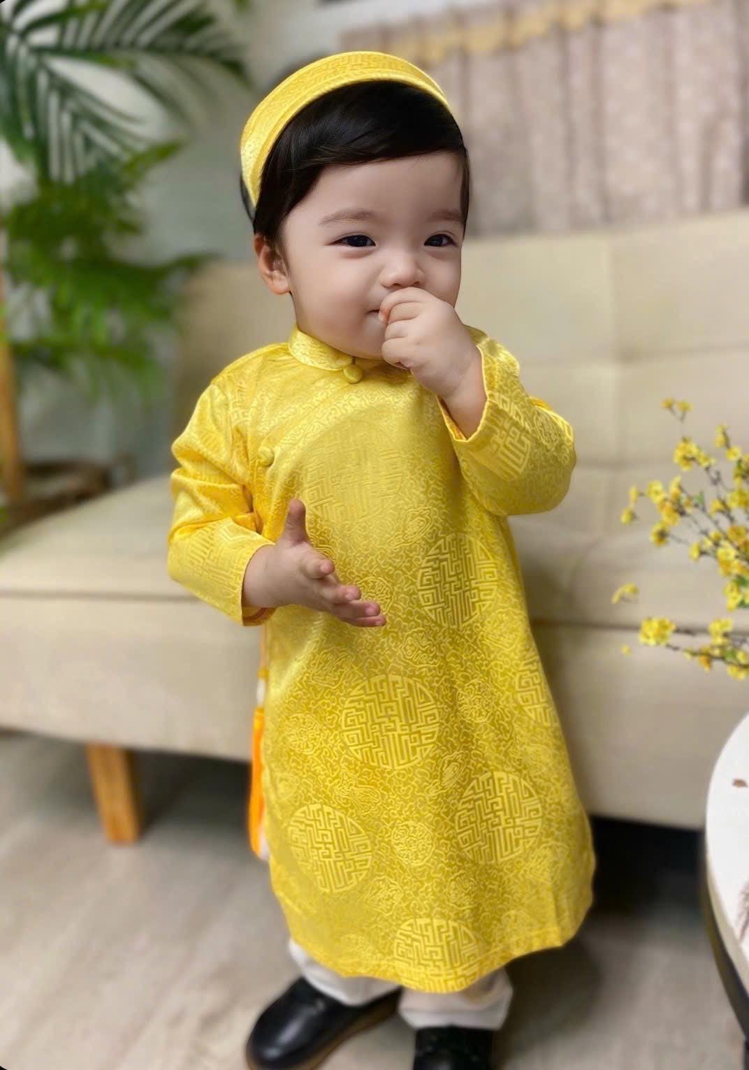 Silk ao dai and headband- Baby, infant, newborn ao dai for boys- baby first ao dai Yellow