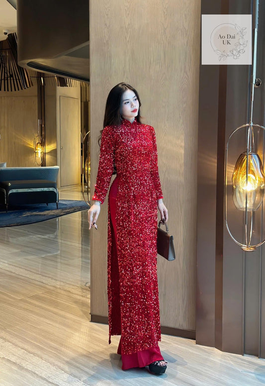 Red sequin velvet ao dai