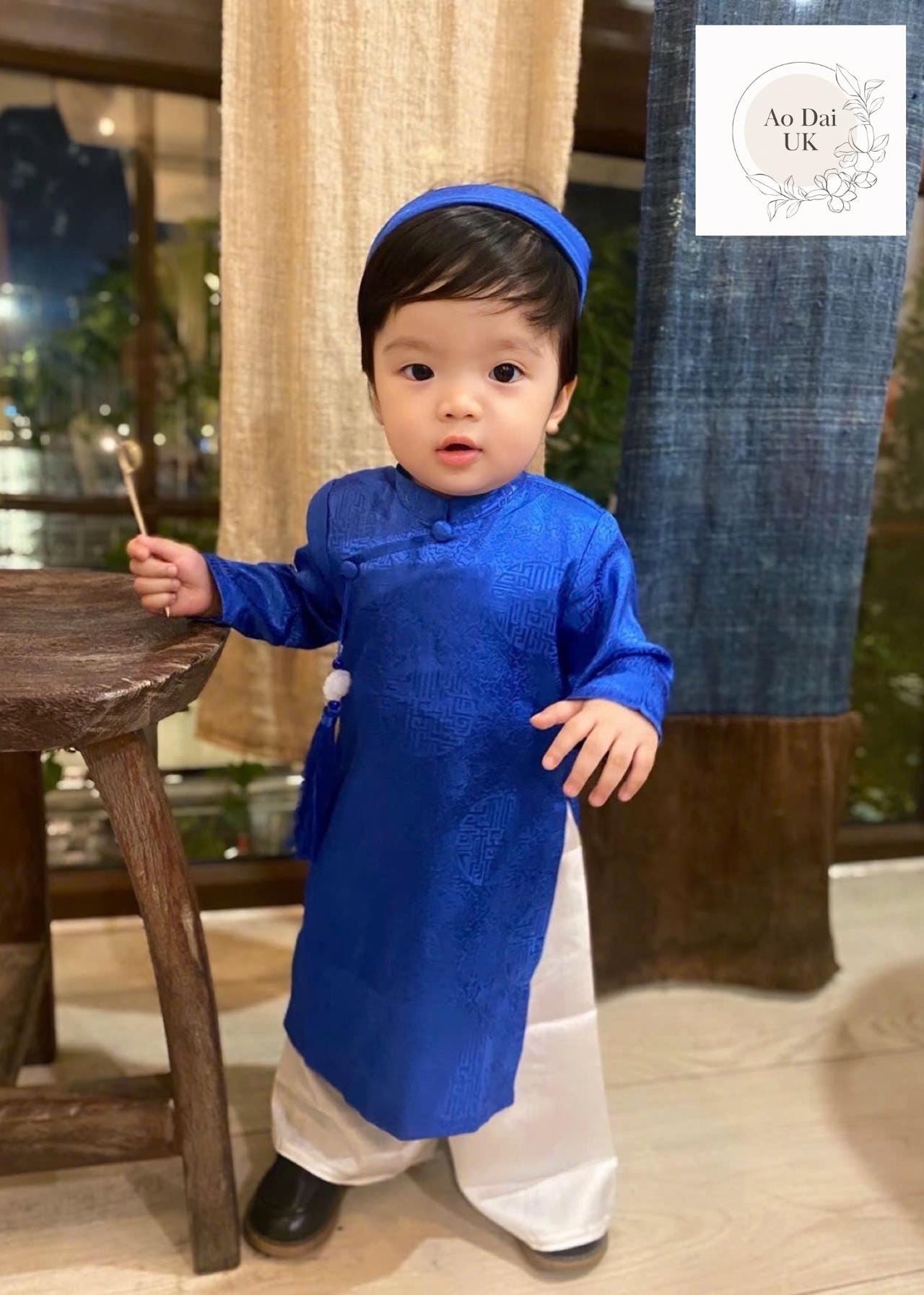 Silk ao dai and headband- Baby, infant, newborn ao dai for boys- baby first ao dai