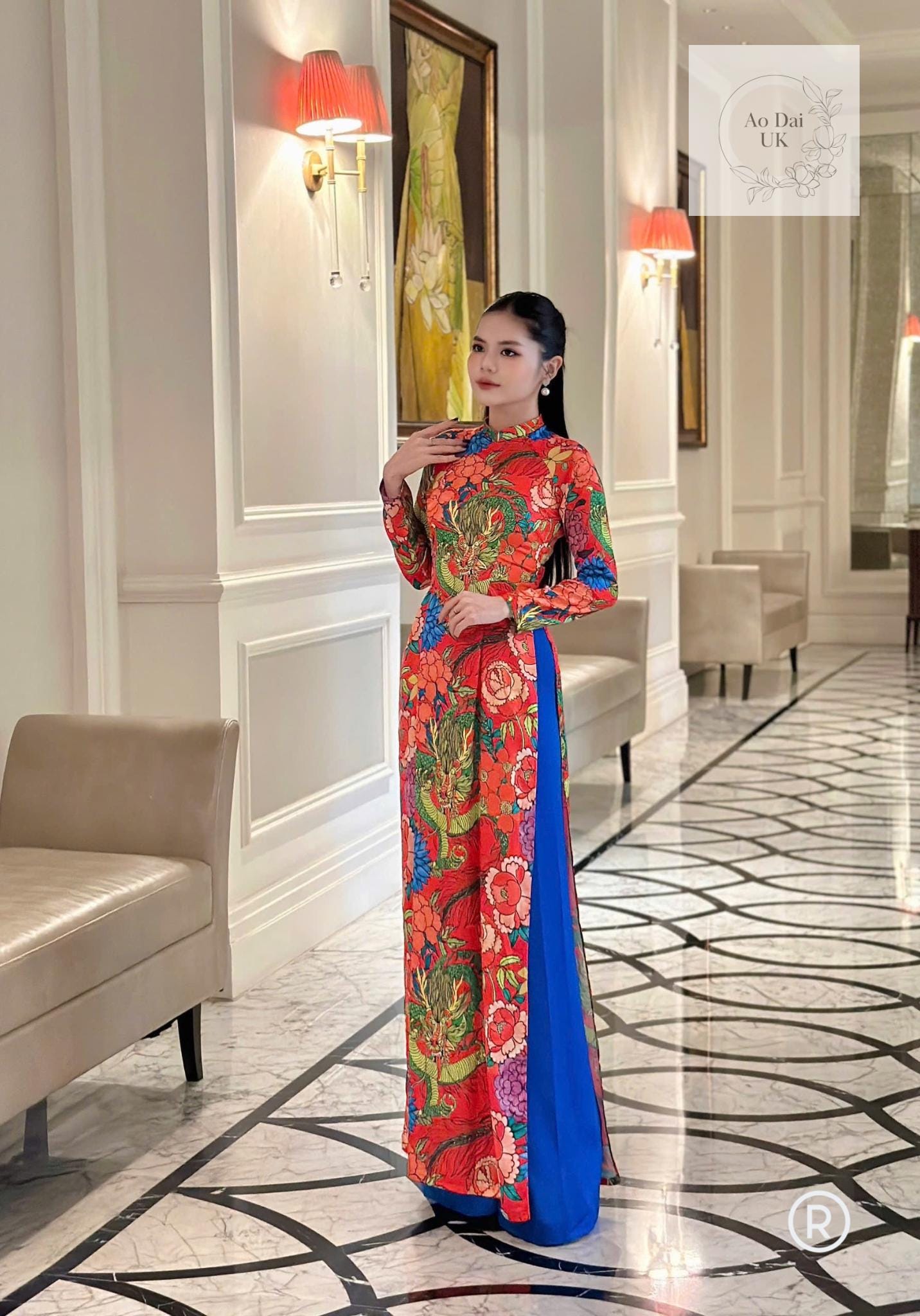 Pure silk Ao dai with dragon print- Ao dai truyen thong - Vietnamese traditional dress for women
