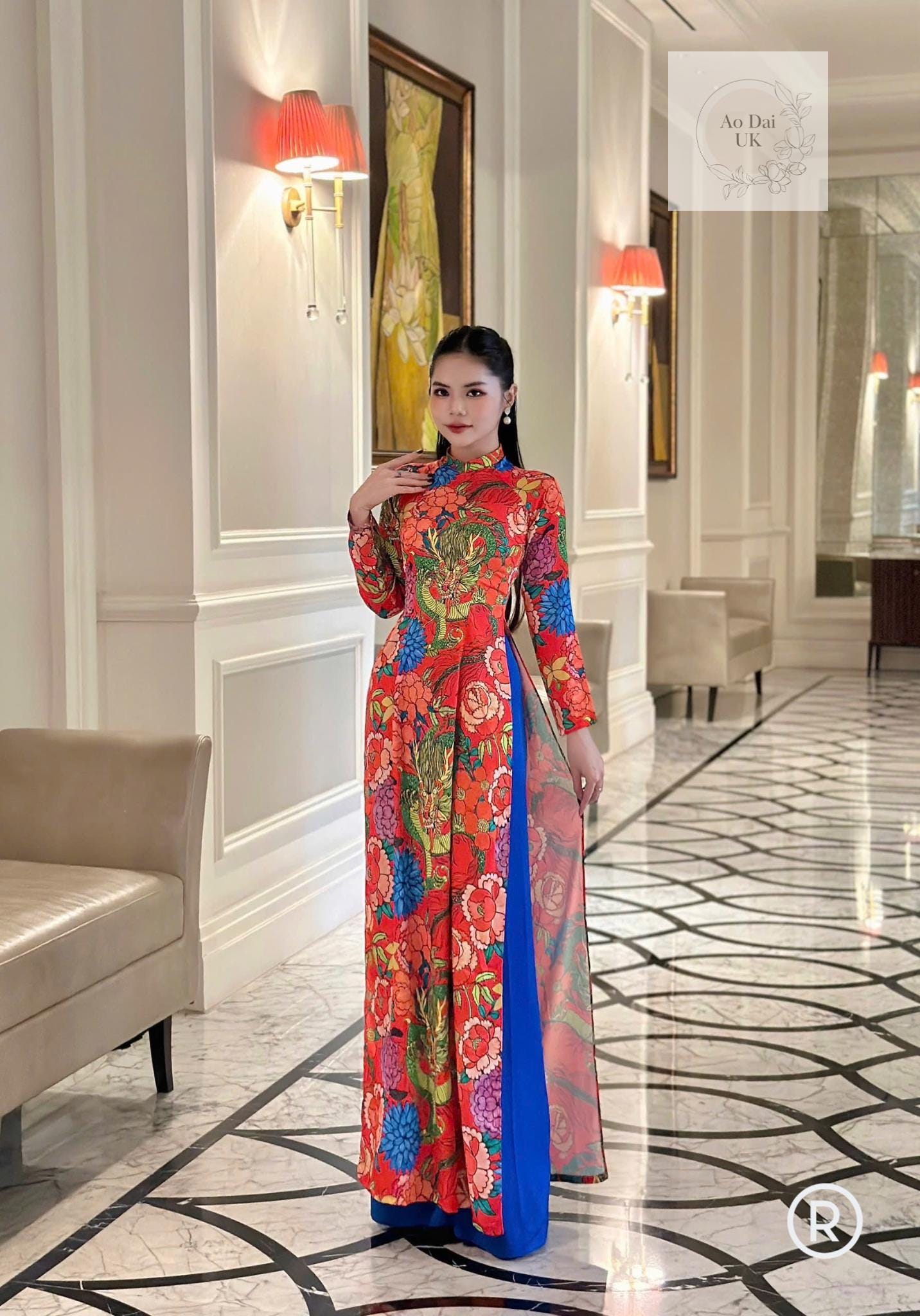 Pure silk Ao dai with dragon print- Ao dai truyen thong - Vietnamese traditional dress for women