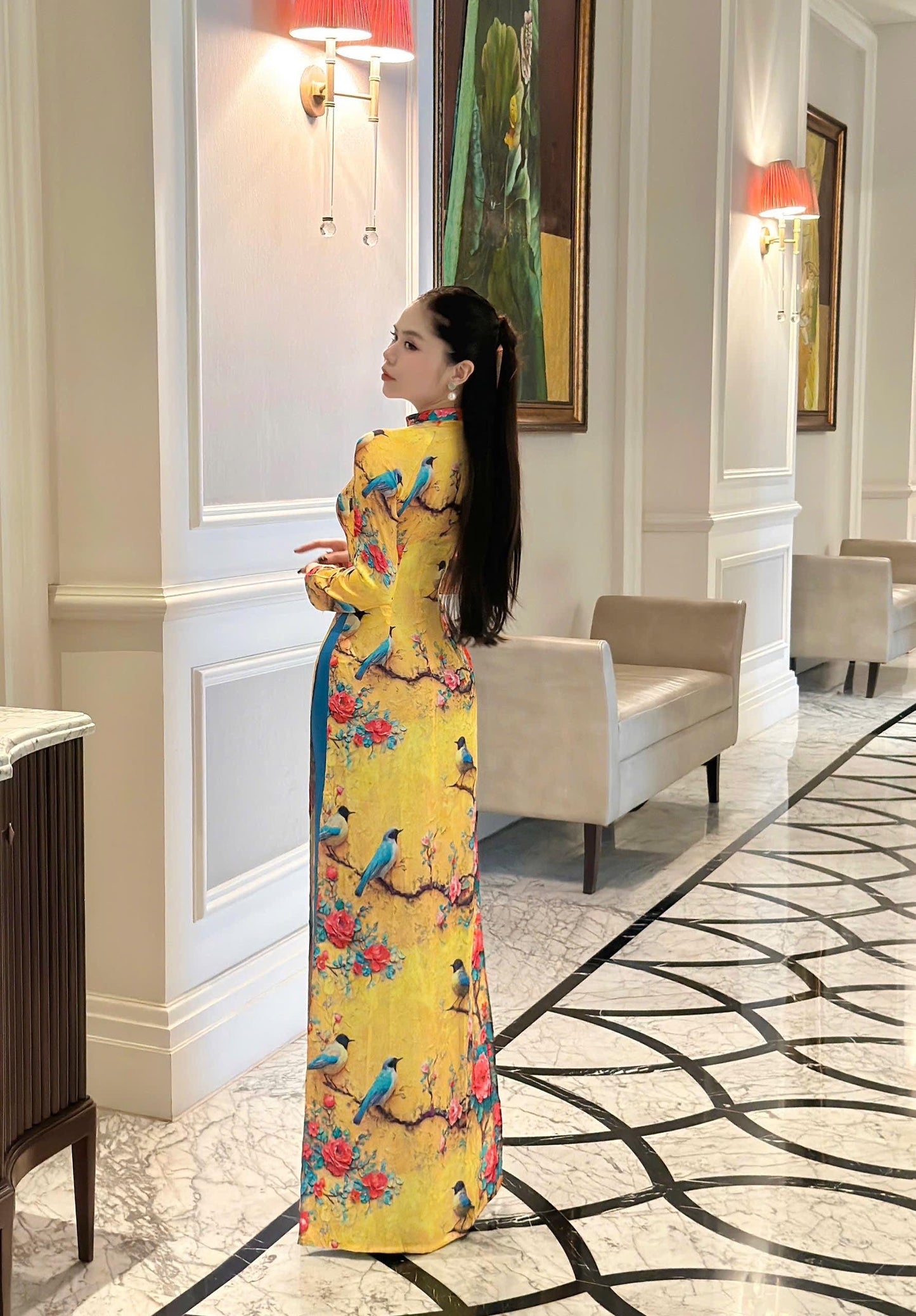 Traditional pure silk Ao dai with pring bird and rose print- Ao dai truyen thong - Vietnamese traditional dress for women