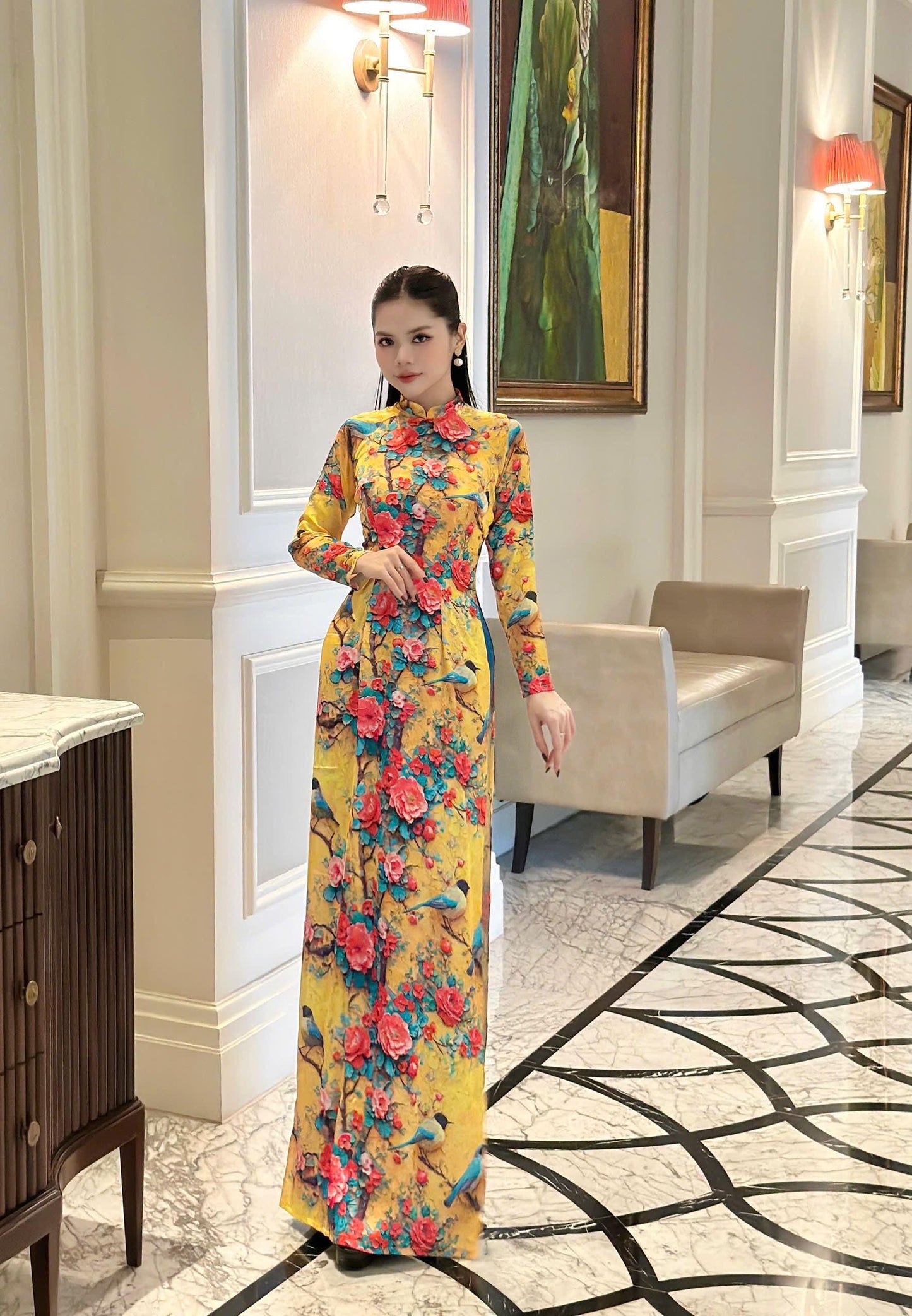Traditional pure silk Ao dai with pring bird and rose print- Ao dai truyen thong - Vietnamese traditional dress for women