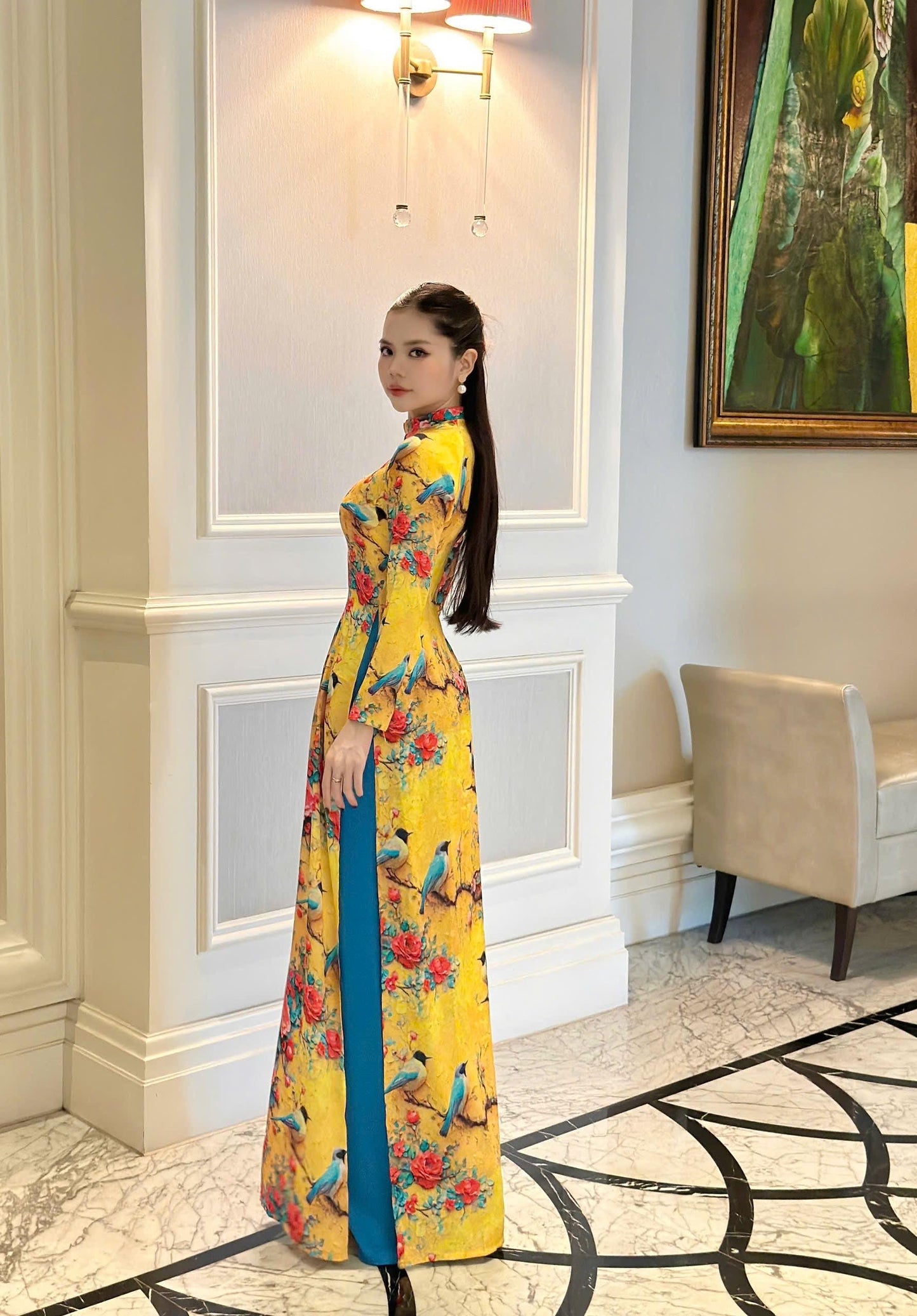 Traditional pure silk Ao dai with pring bird and rose print- Ao dai truyen thong - Vietnamese traditional dress for women