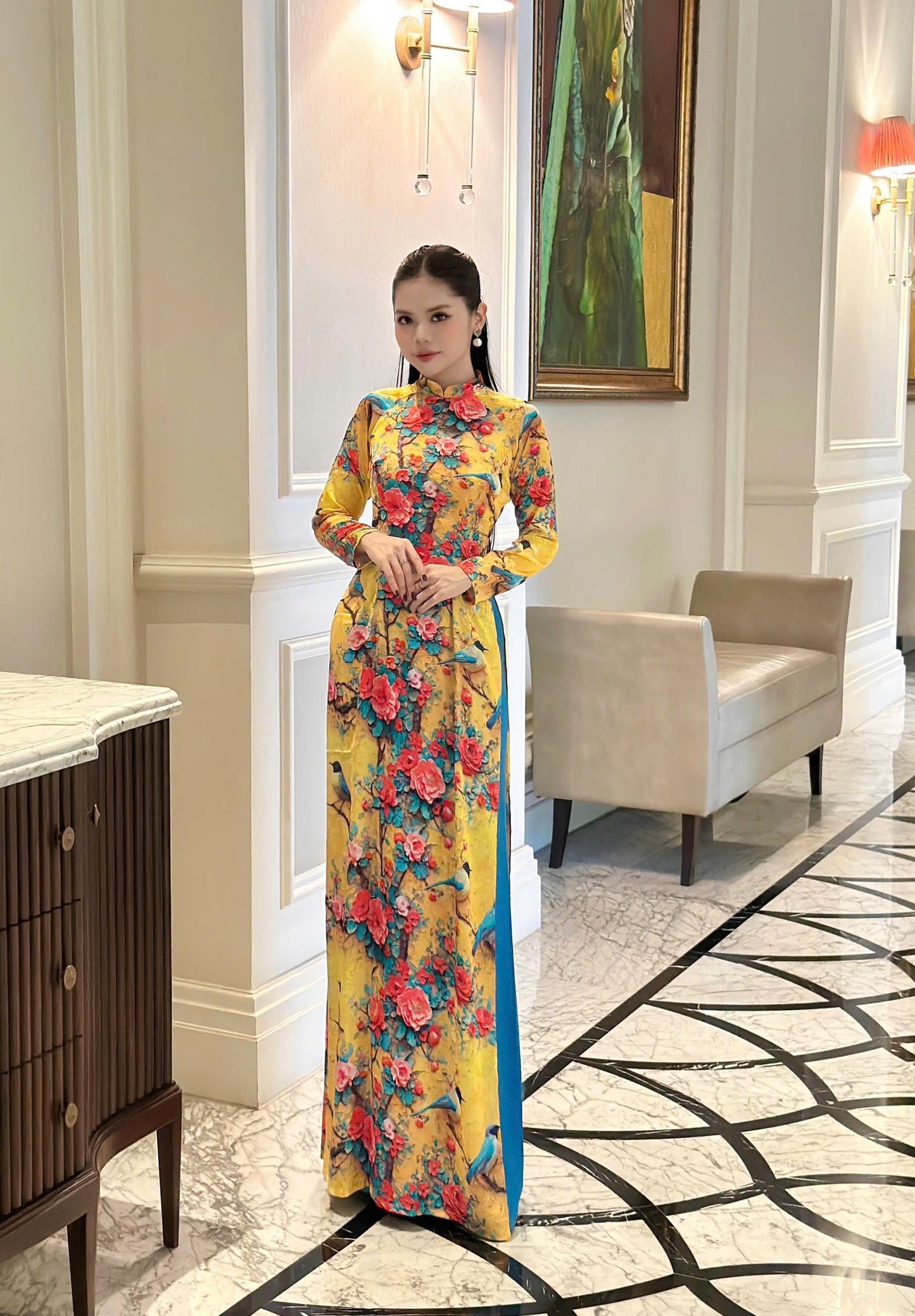 Traditional pure silk Ao dai with pring bird and rose print- Ao dai truyen thong - Vietnamese traditional dress for women