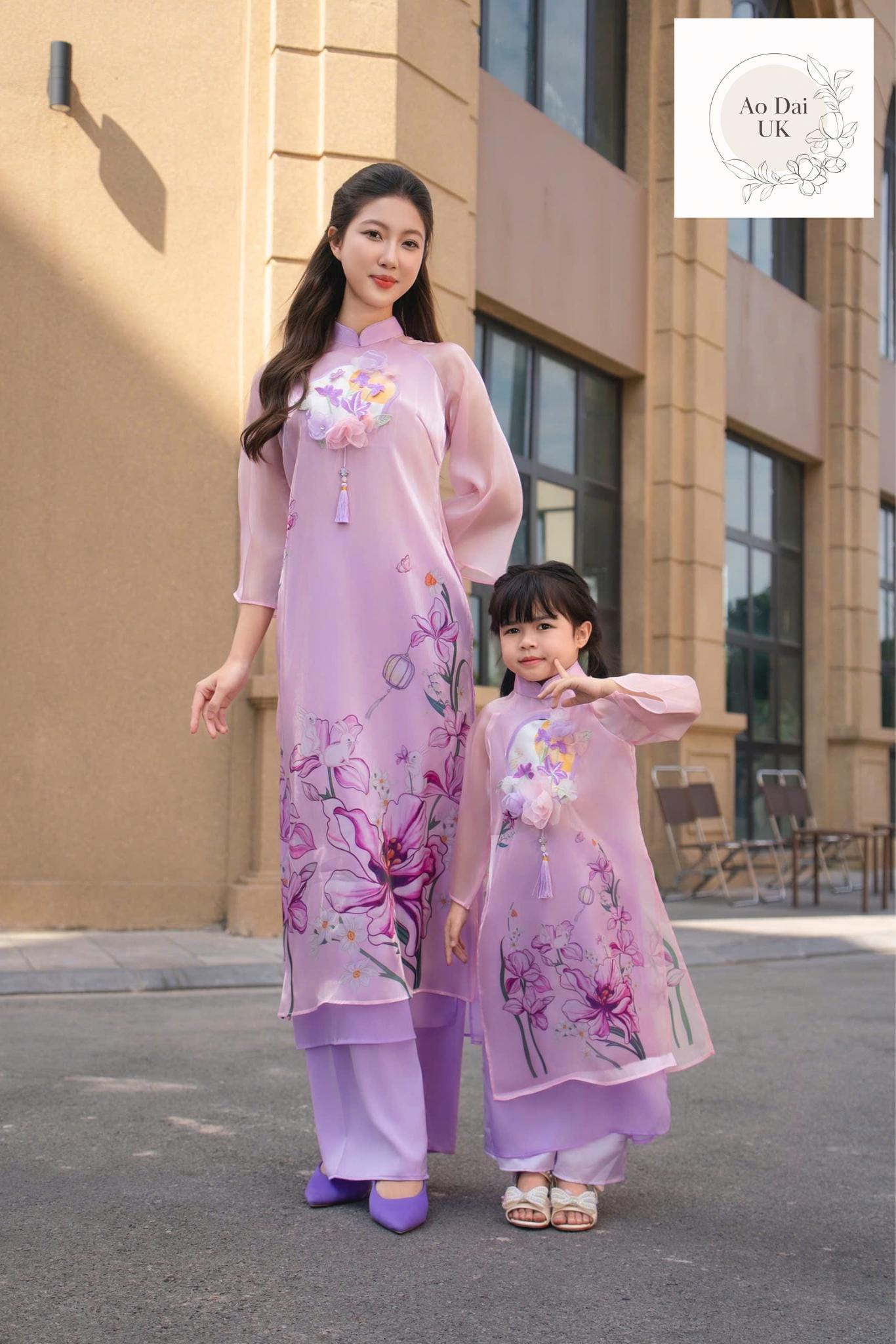Women and kid matching ao dai- purple floral ao dai