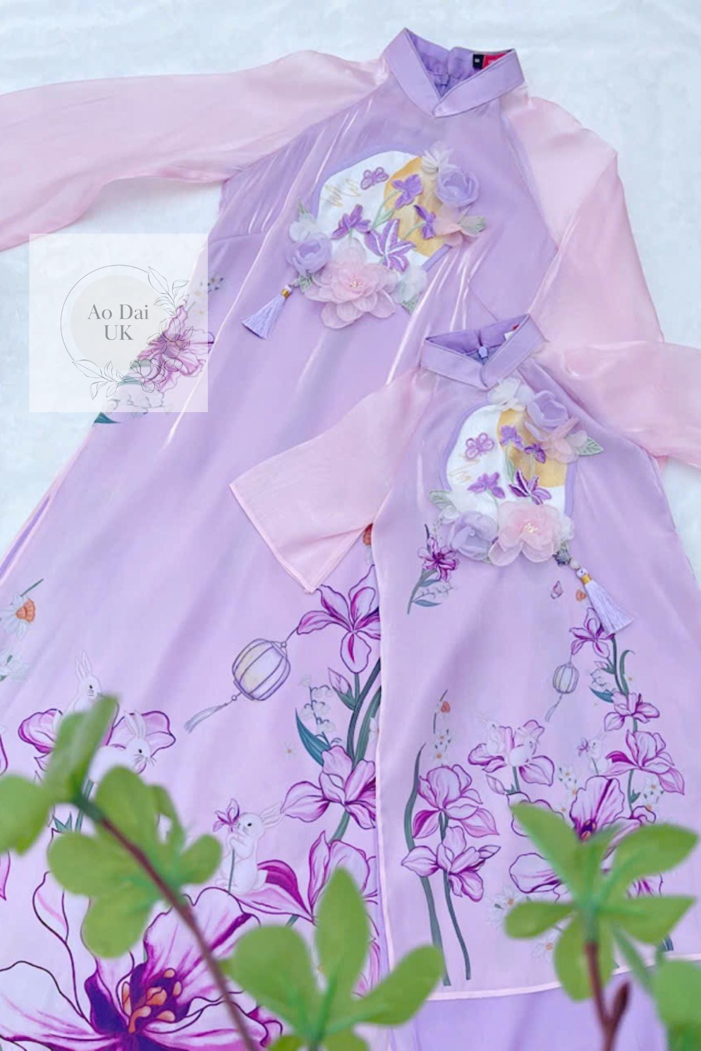 Women and kid matching ao dai- purple floral ao dai