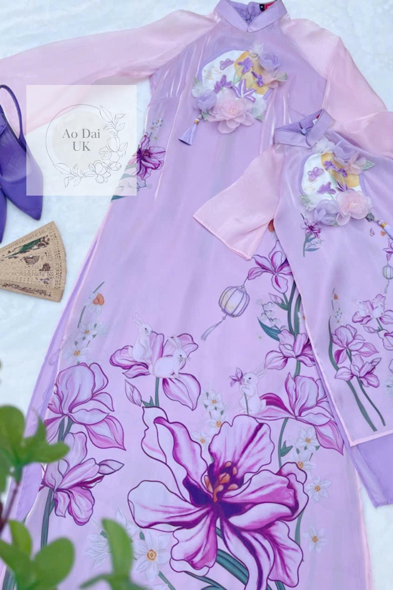 Women and kid matching ao dai- purple floral ao dai