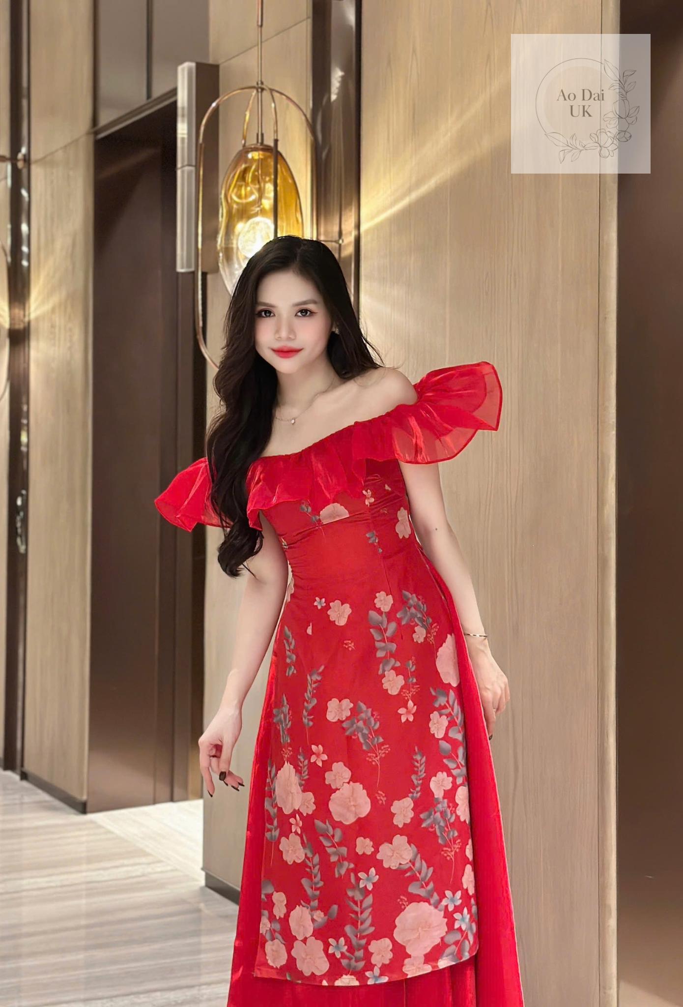Off-shoulder ao dai with floral prints for women - Ao dai cach tan