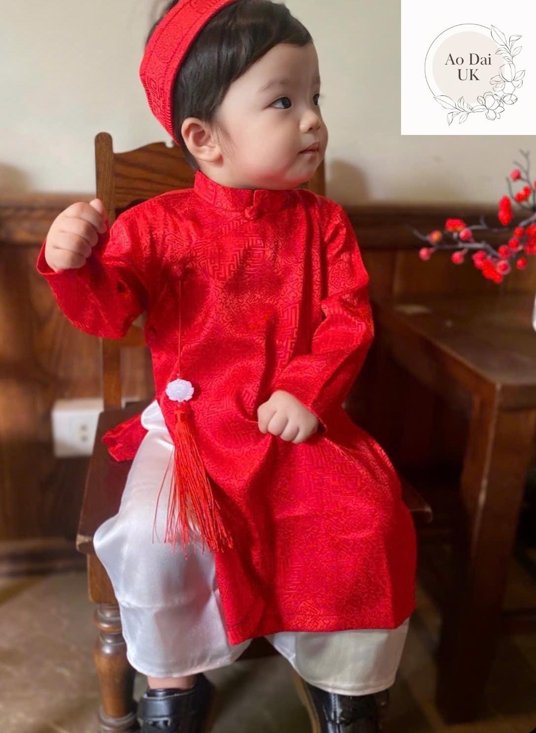 Silk ao dai and headband- Baby, infant, newborn ao dai for boys- baby first ao dai