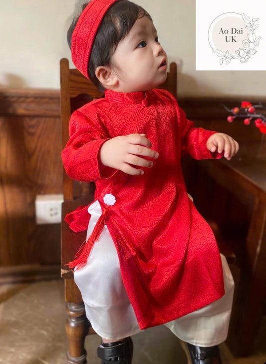 Silk ao dai and headband- Baby, infant, newborn ao dai for boys- baby first ao dai