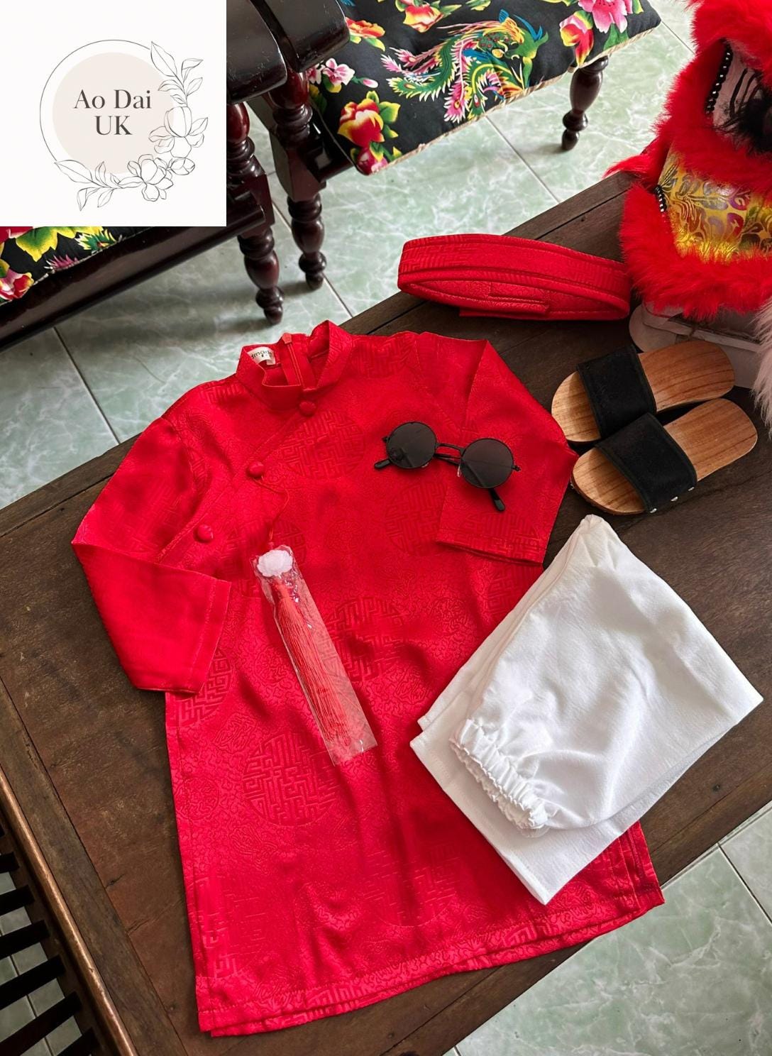 Silk ao dai and headband- Baby, infant, newborn ao dai for boys- baby first ao dai