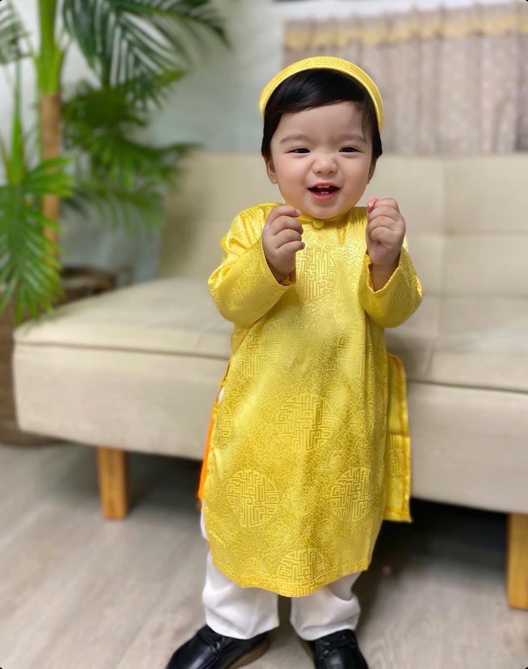 Silk ao dai and headband- Baby, infant, newborn ao dai for boys- baby first ao dai Yellow
