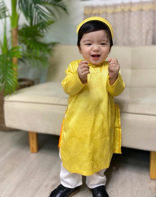 Silk ao dai and headband- Baby, infant, newborn ao dai for boys- baby first ao dai Yellow