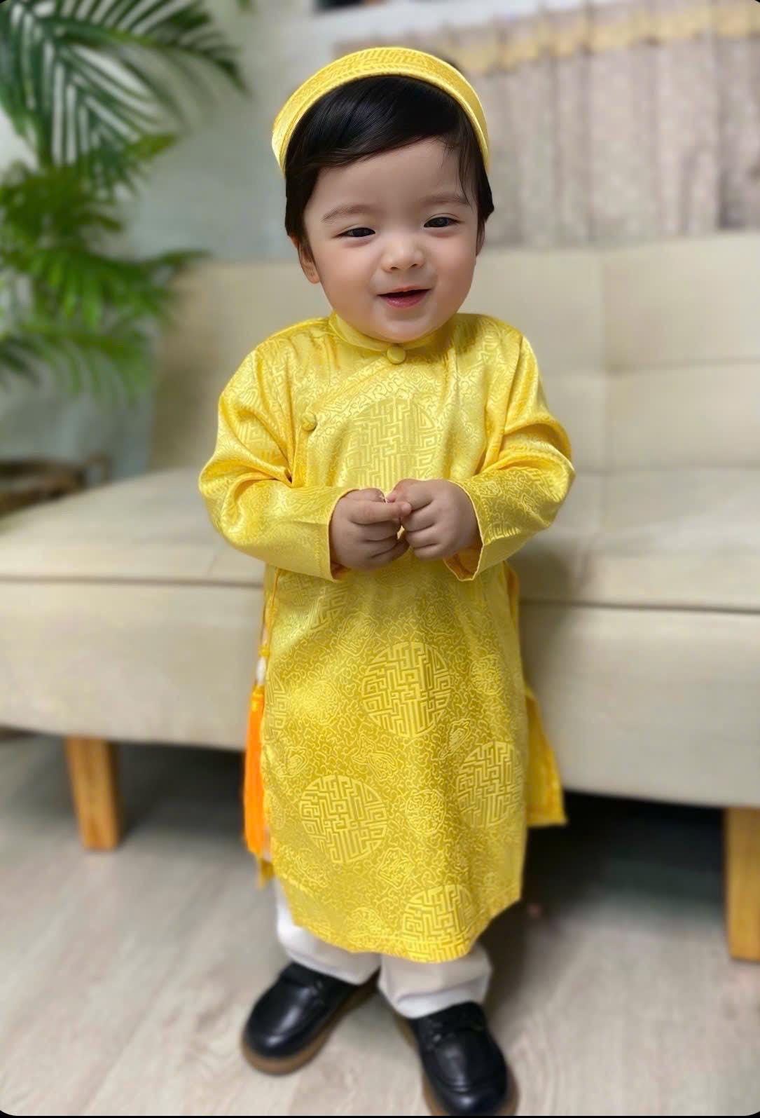 Silk ao dai and headband- Baby, infant, newborn ao dai for boys- baby first ao dai Yellow