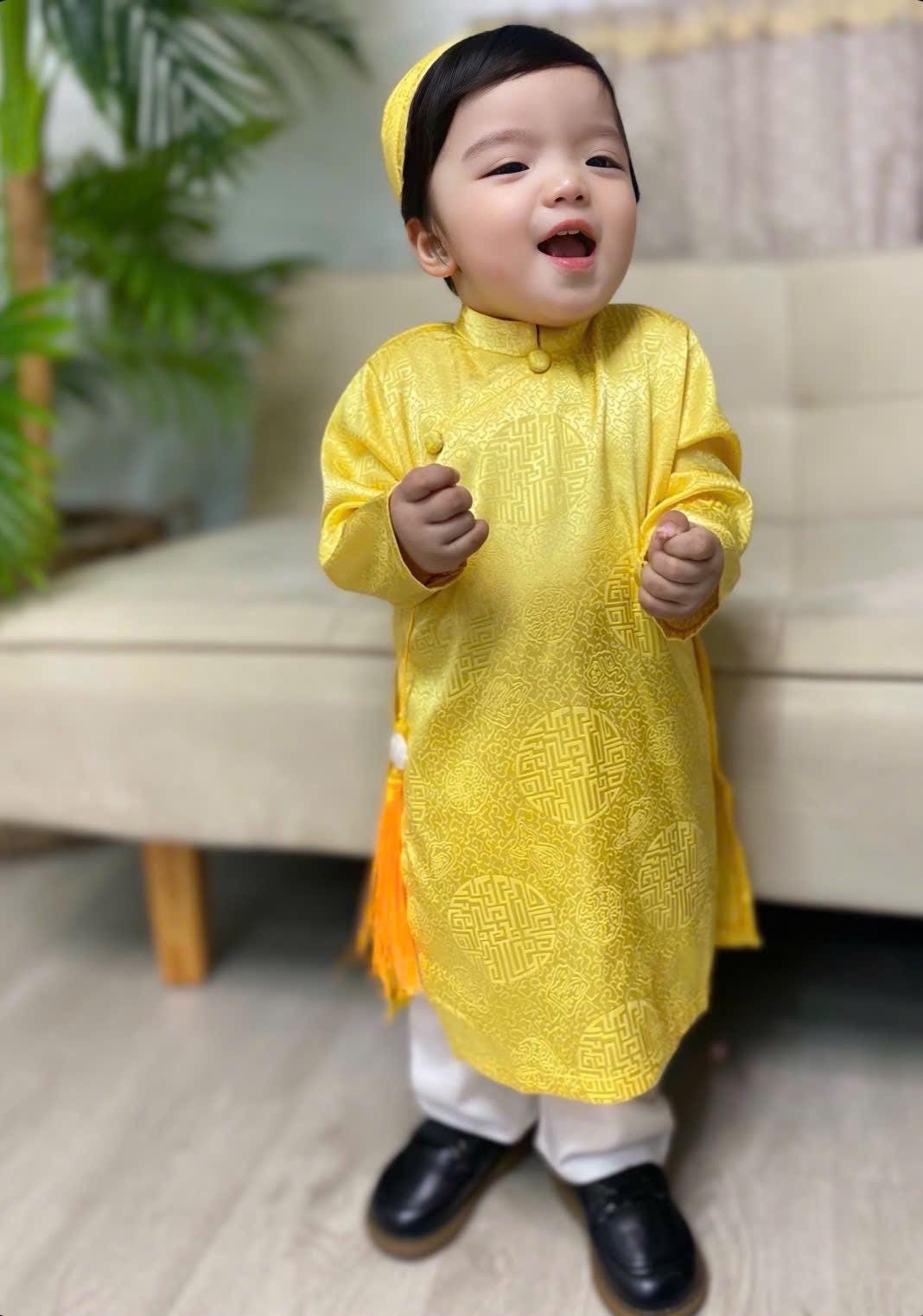 Silk ao dai and headband- Baby, infant, newborn ao dai for boys- baby first ao dai Yellow