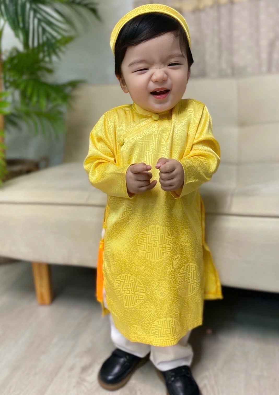 Silk ao dai and headband- Baby, infant, newborn ao dai for boys- baby first ao dai Yellow