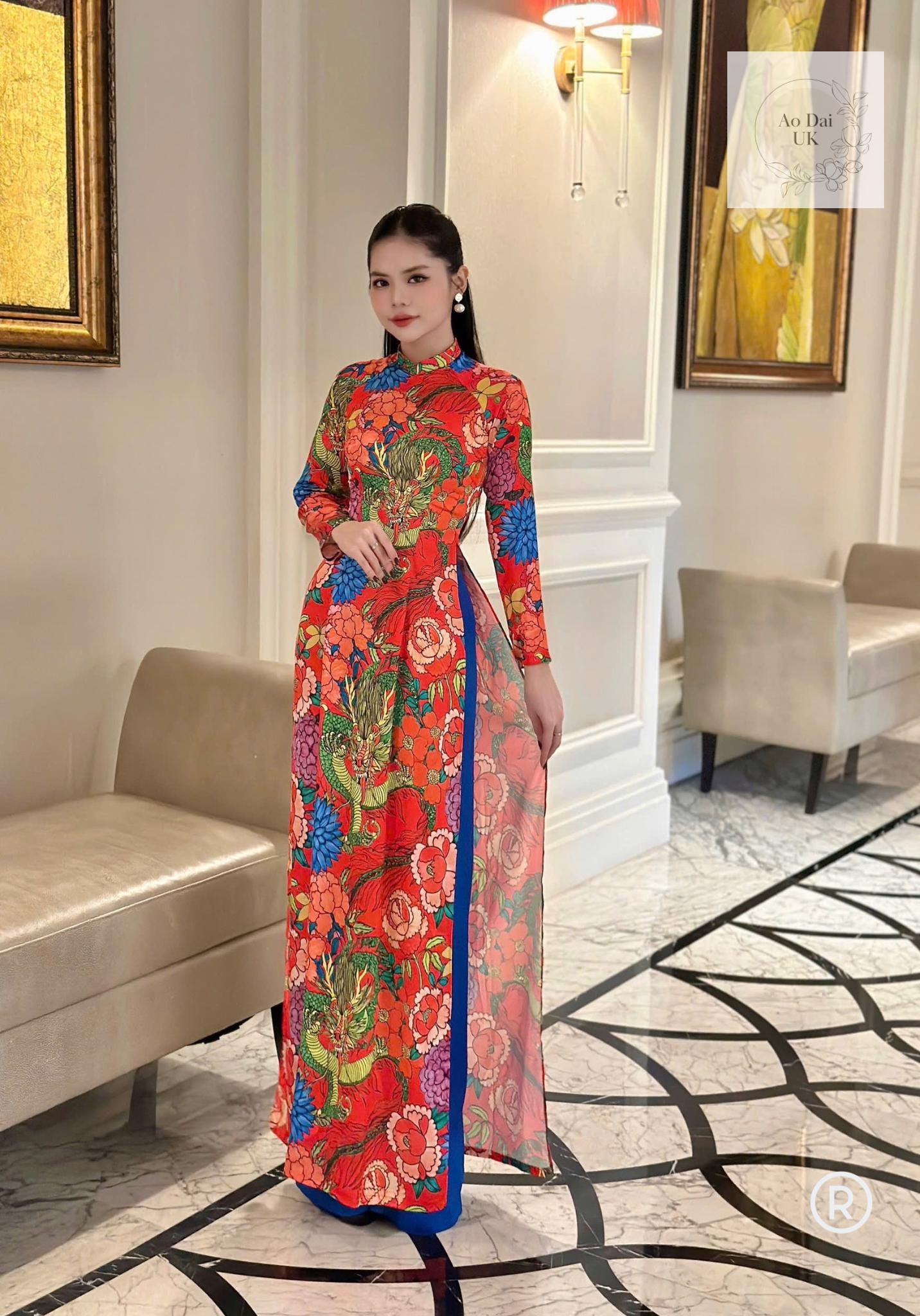 Pure silk Ao dai with dragon print- Ao dai truyen thong - Vietnamese traditional dress for women