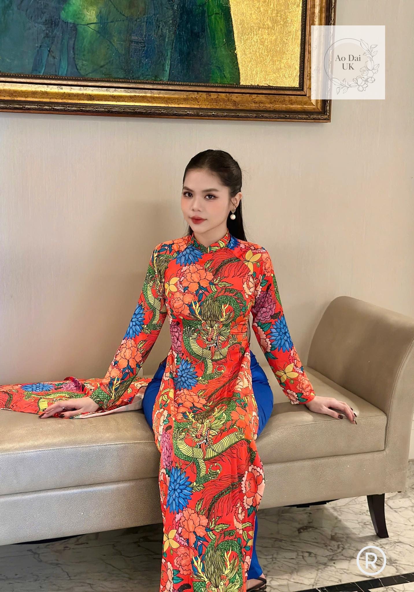 Pure silk Ao dai with dragon print- Ao dai truyen thong - Vietnamese traditional dress for women