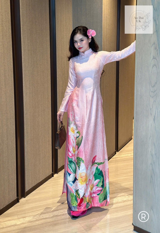 Traditional silk Ao dai with pearl collar - Ao dai truyen thong - Vietnamese traditional dress for women