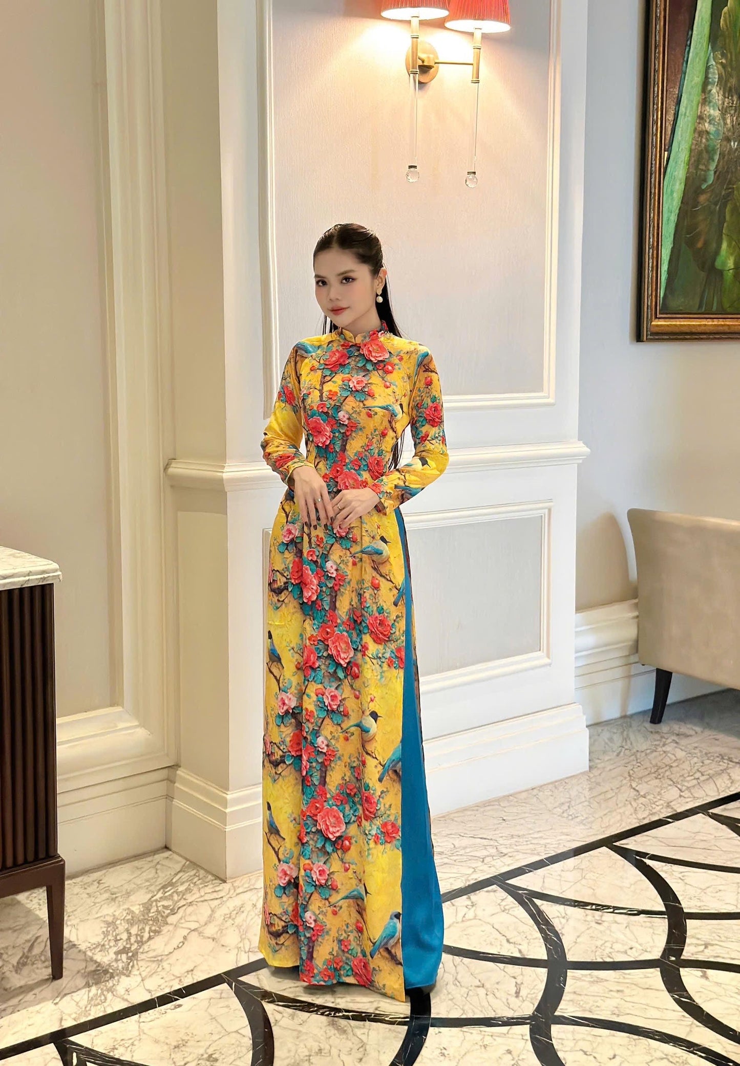 Traditional pure silk Ao dai with pring bird and rose print- Ao dai truyen thong - Vietnamese traditional dress for women