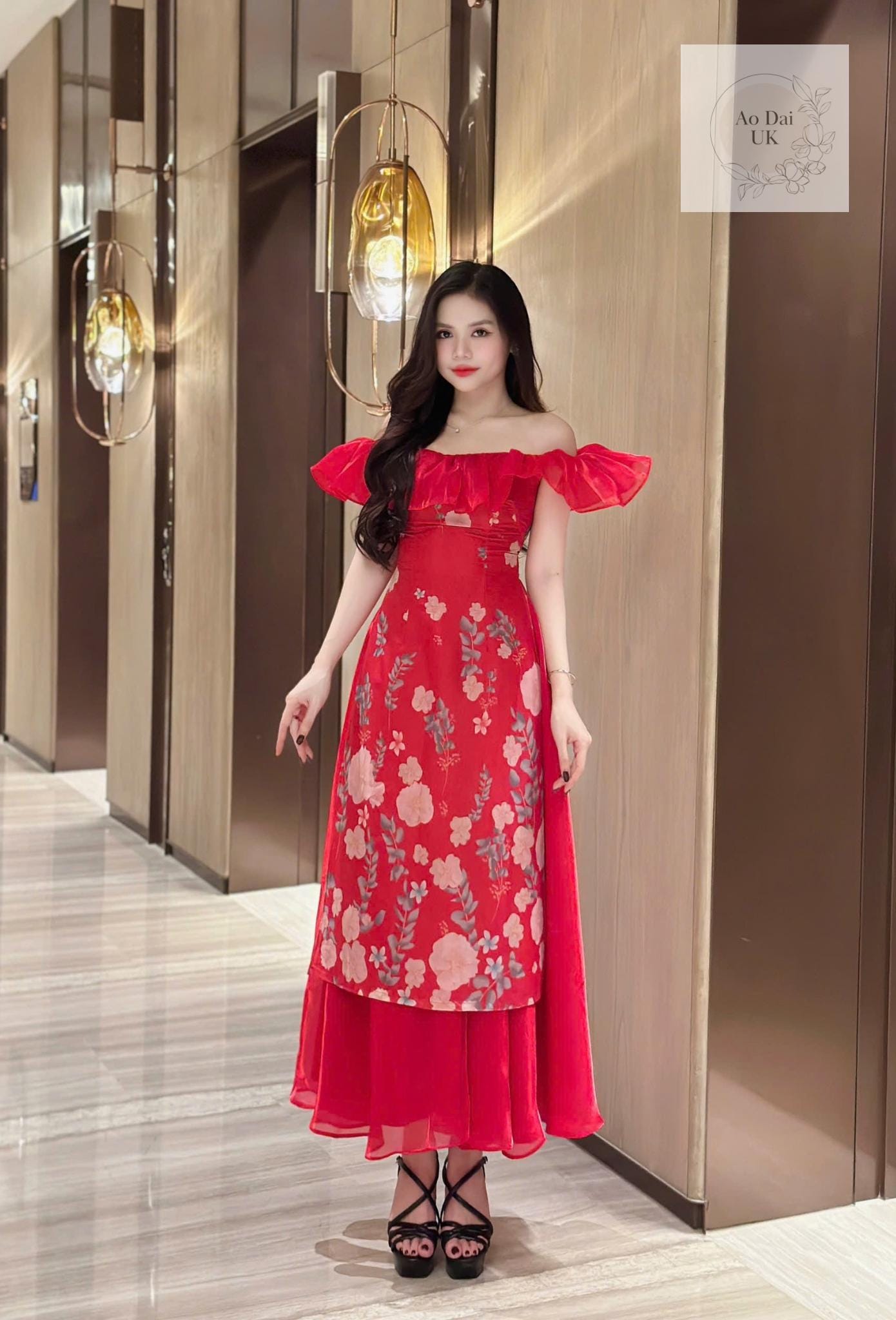 Off-shoulder ao dai with floral prints for women - Ao dai cach tan