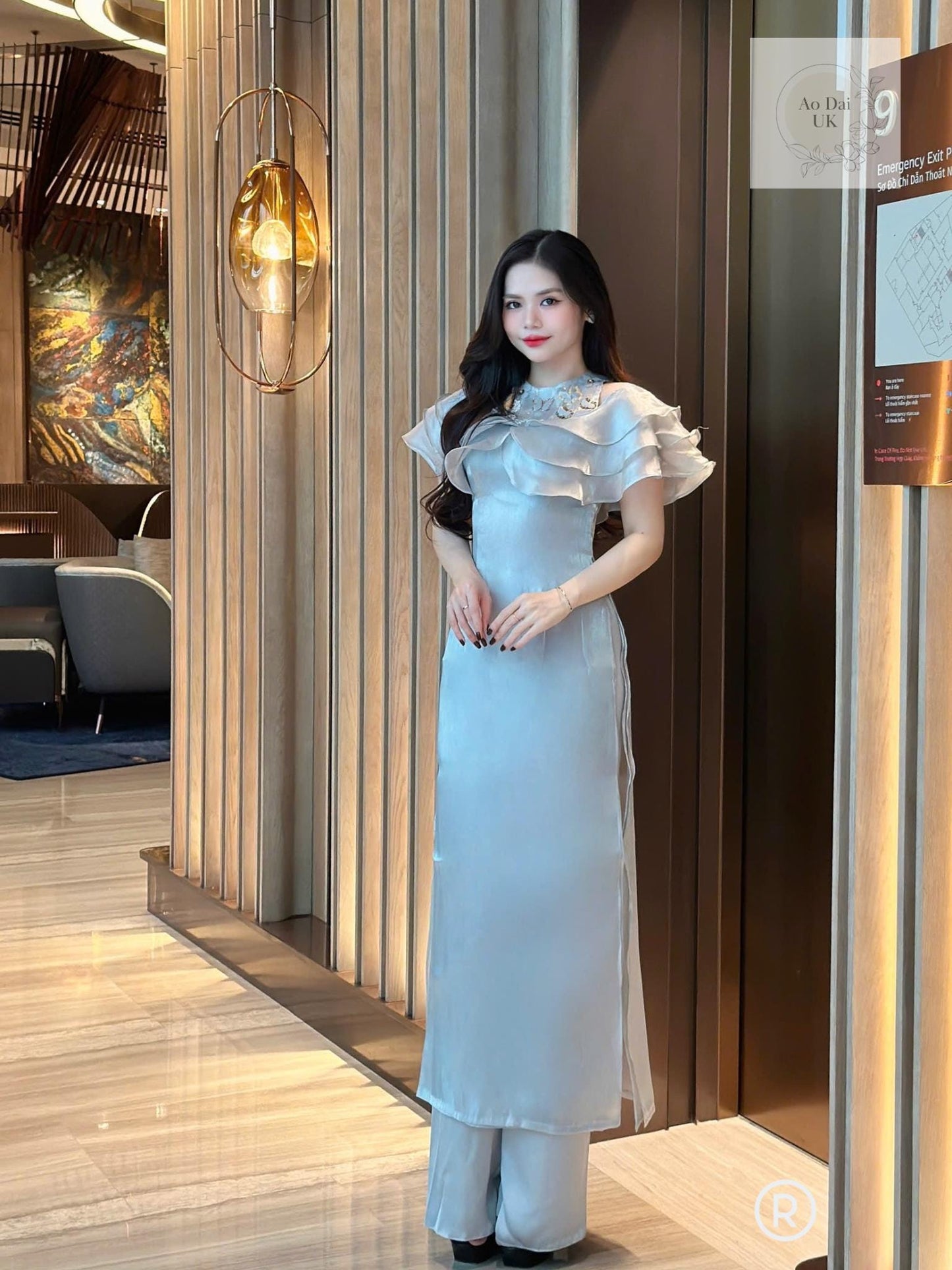 Off-shoulder ao dai with floral embellishments for women - Ao dai cach tan