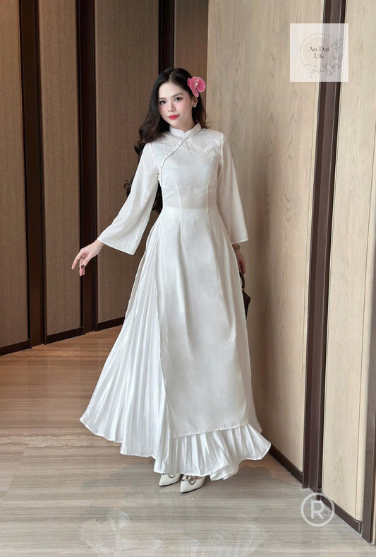 Modern white ao dai with maxi skirt for women - Ao dai cach tan