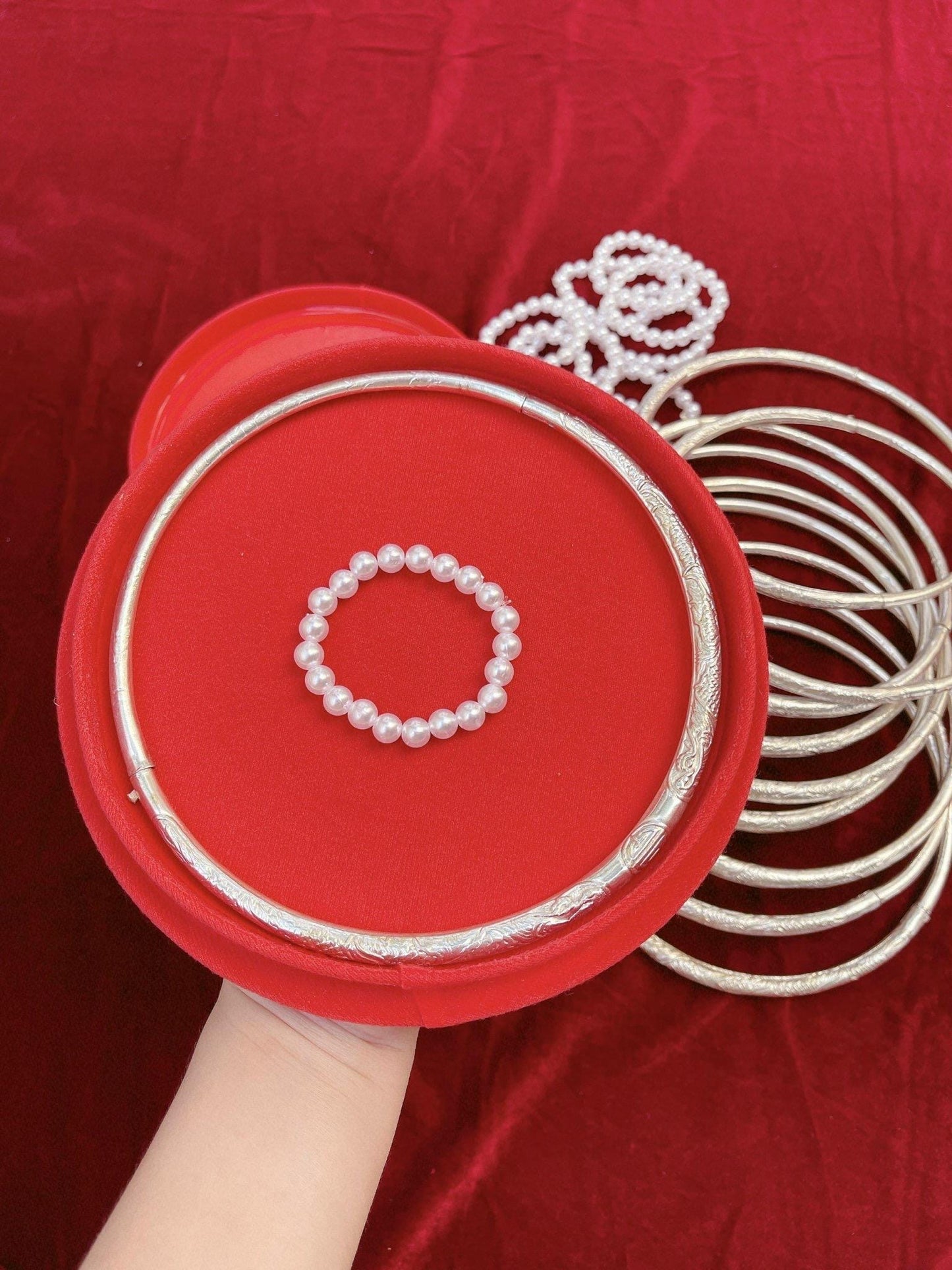 Silver plated Vietnamese choker/ necklace with red velvet box