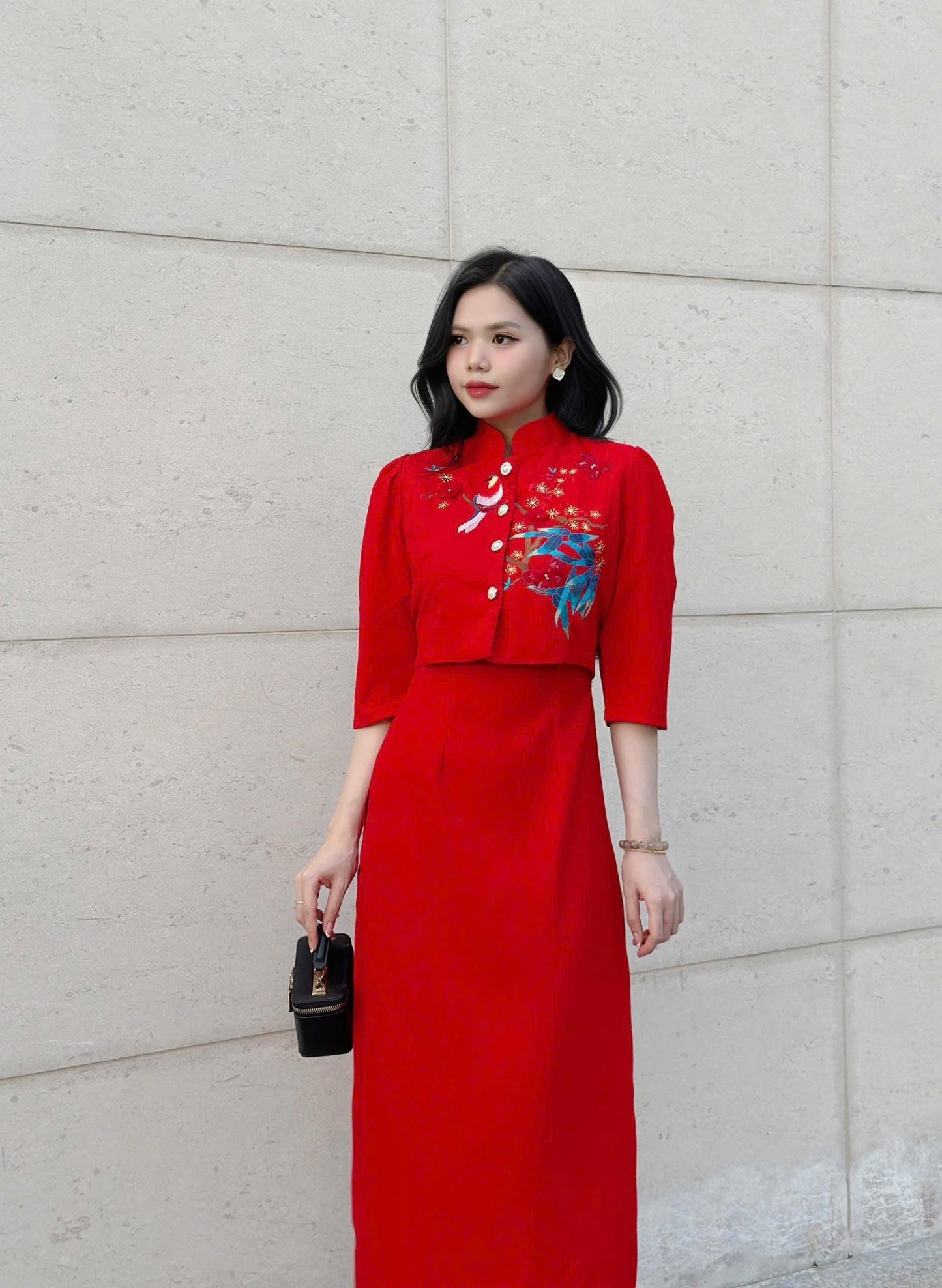 3 piece set Modern Vietnamese ao dai with bird and floral embroidery