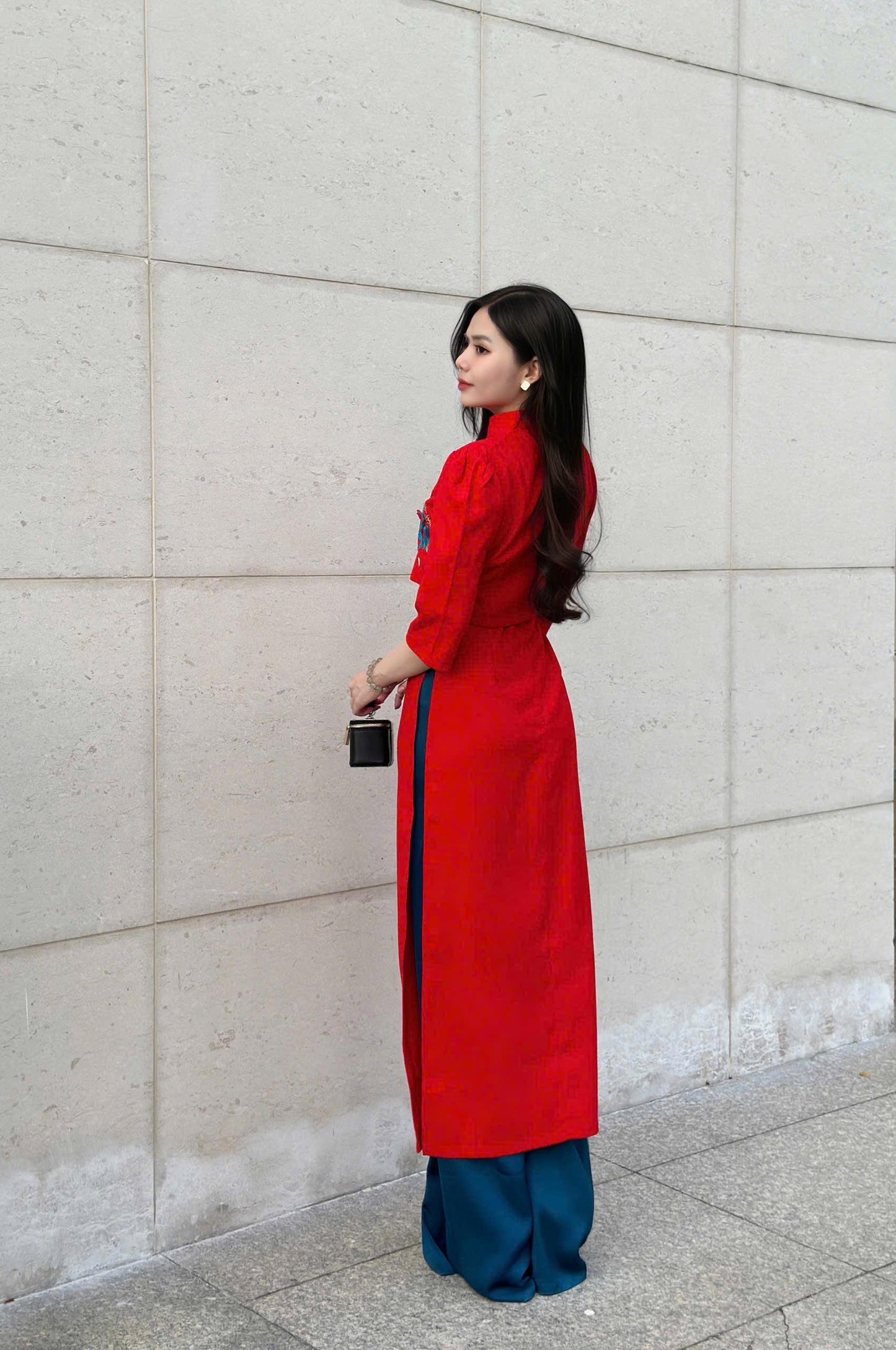 3 piece set Modern Vietnamese ao dai with bird and floral embroidery