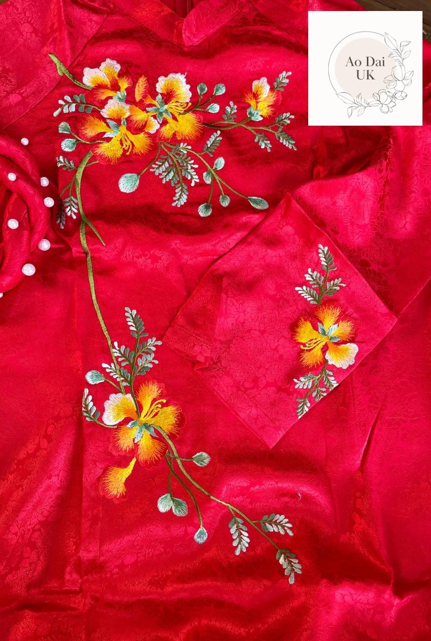 Embroidered jacquard silk ao dai- Vietnamese traditional dress for women