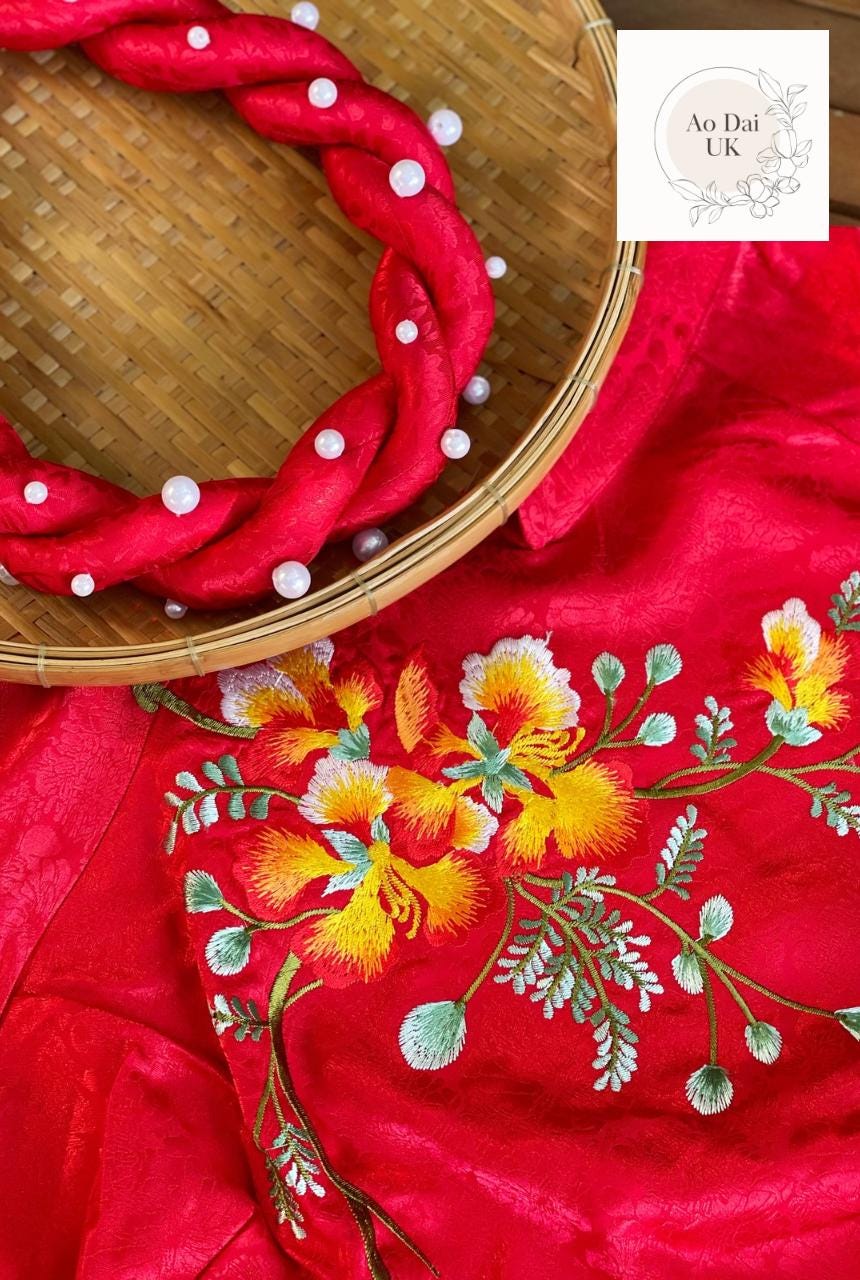 Embroidered jacquard silk ao dai- Vietnamese traditional dress for women