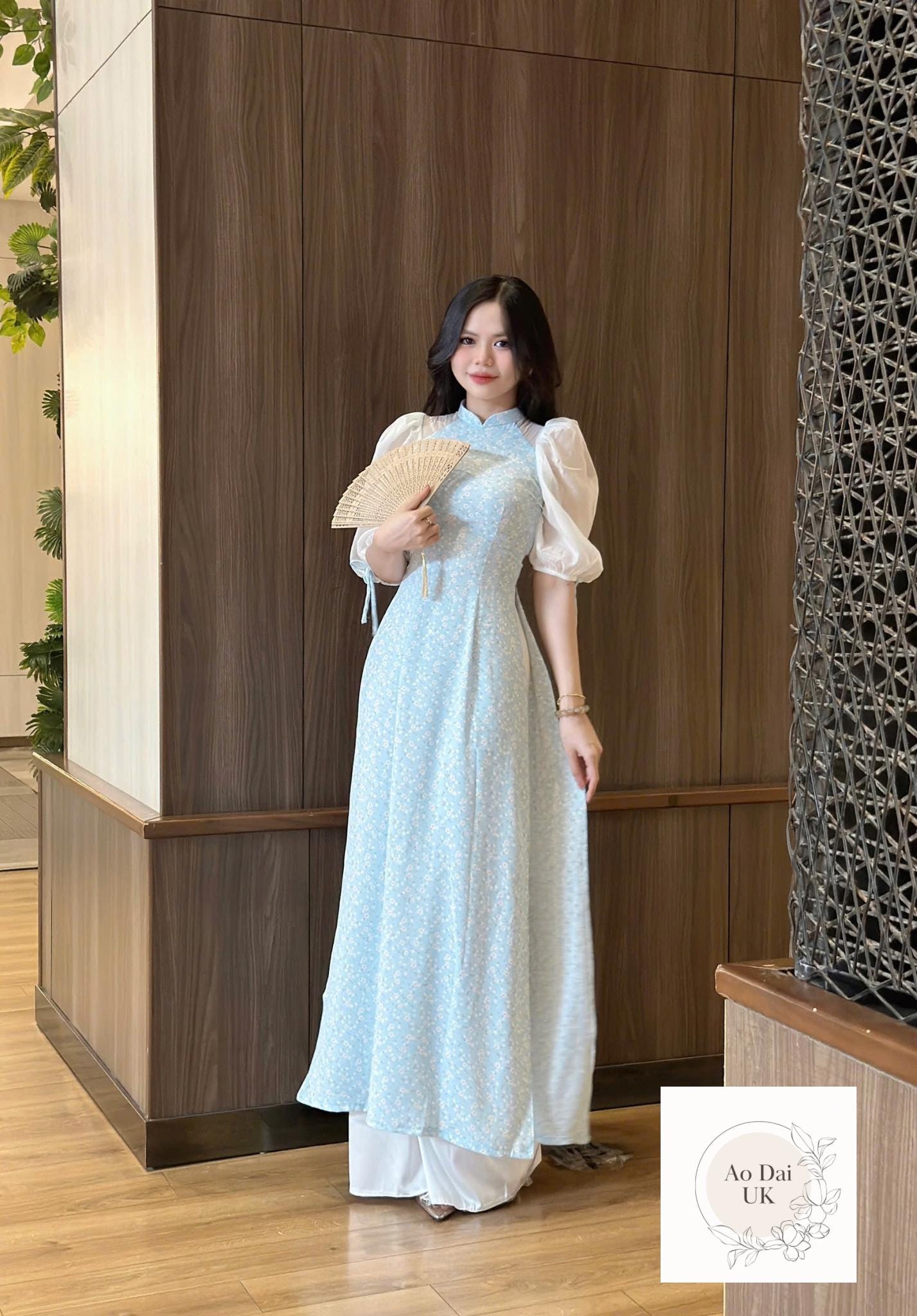Pastel blue Women ao dai with puff sleeves- Limited edition