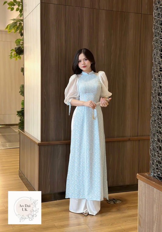 Pastel blue Women ao dai with puff sleeves- Limited edition