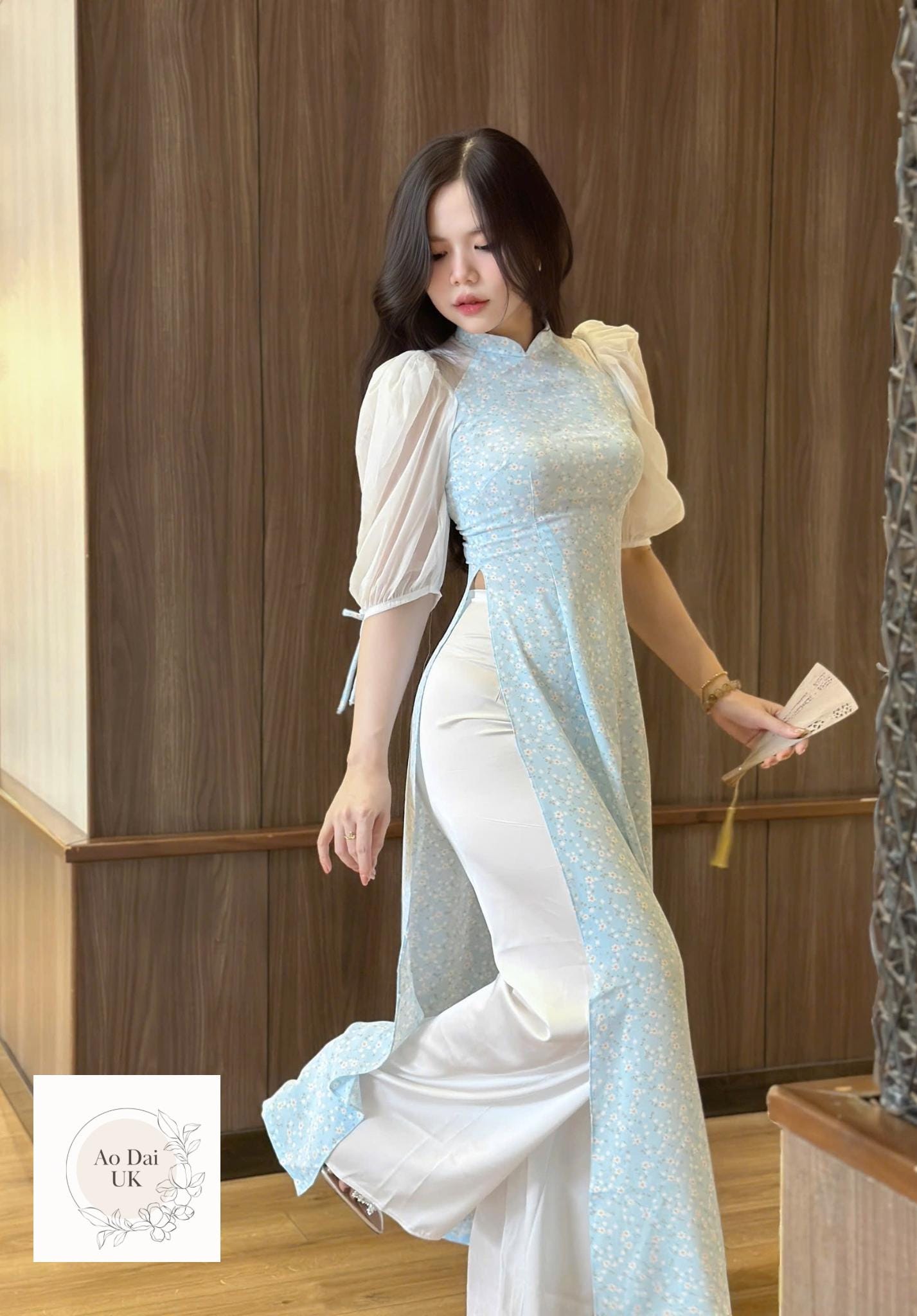 Pastel blue Women ao dai with puff sleeves- Limited edition