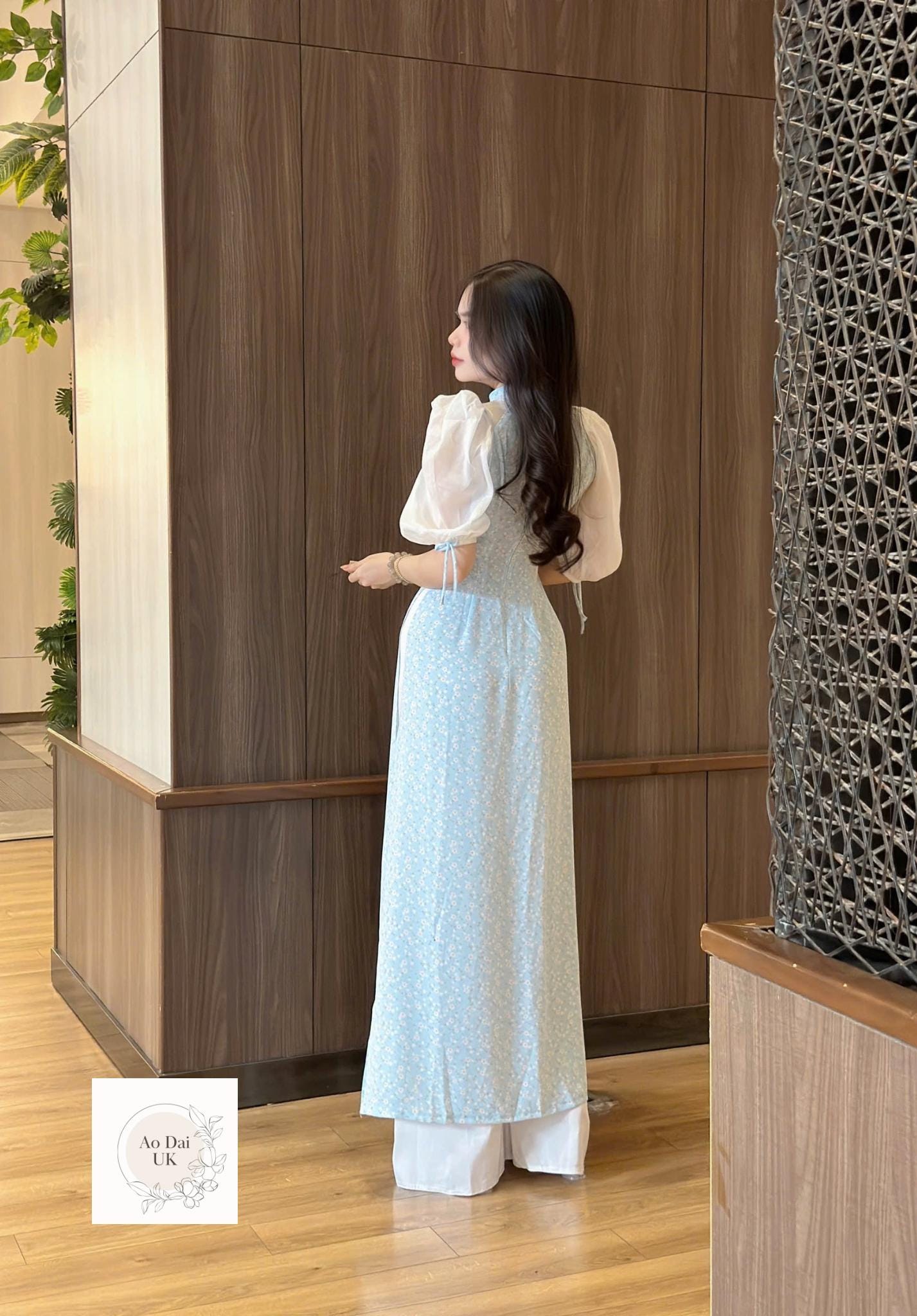 Pastel blue Women ao dai with puff sleeves- Limited edition