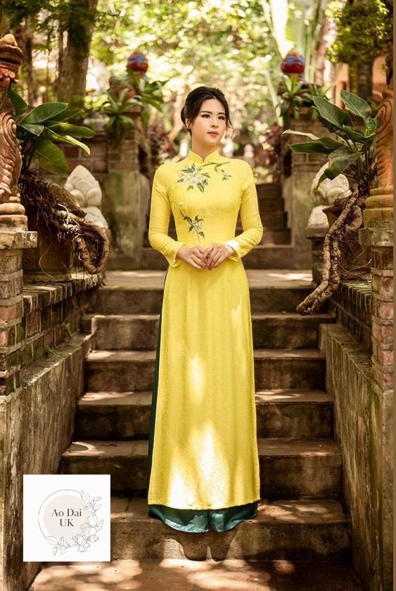 Luxury jacquard silk Ao dai - Ao dai truyen thong - Vietnamese traditional dress for women- Yellow